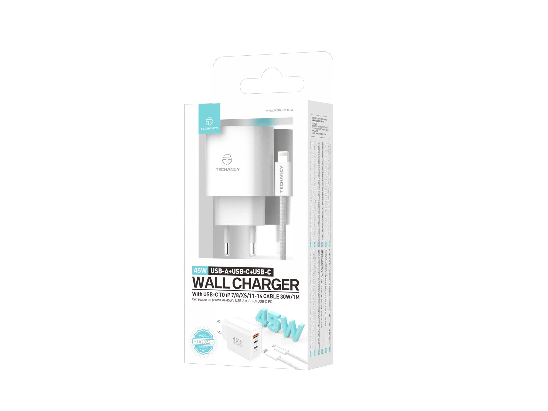 Techancy TA2822 USB-A+USB-C+USB-C Charger, 45W PD, with 1m USB-C to Lightning Cable, Compatible with iPhone 7/8/XS/11-14