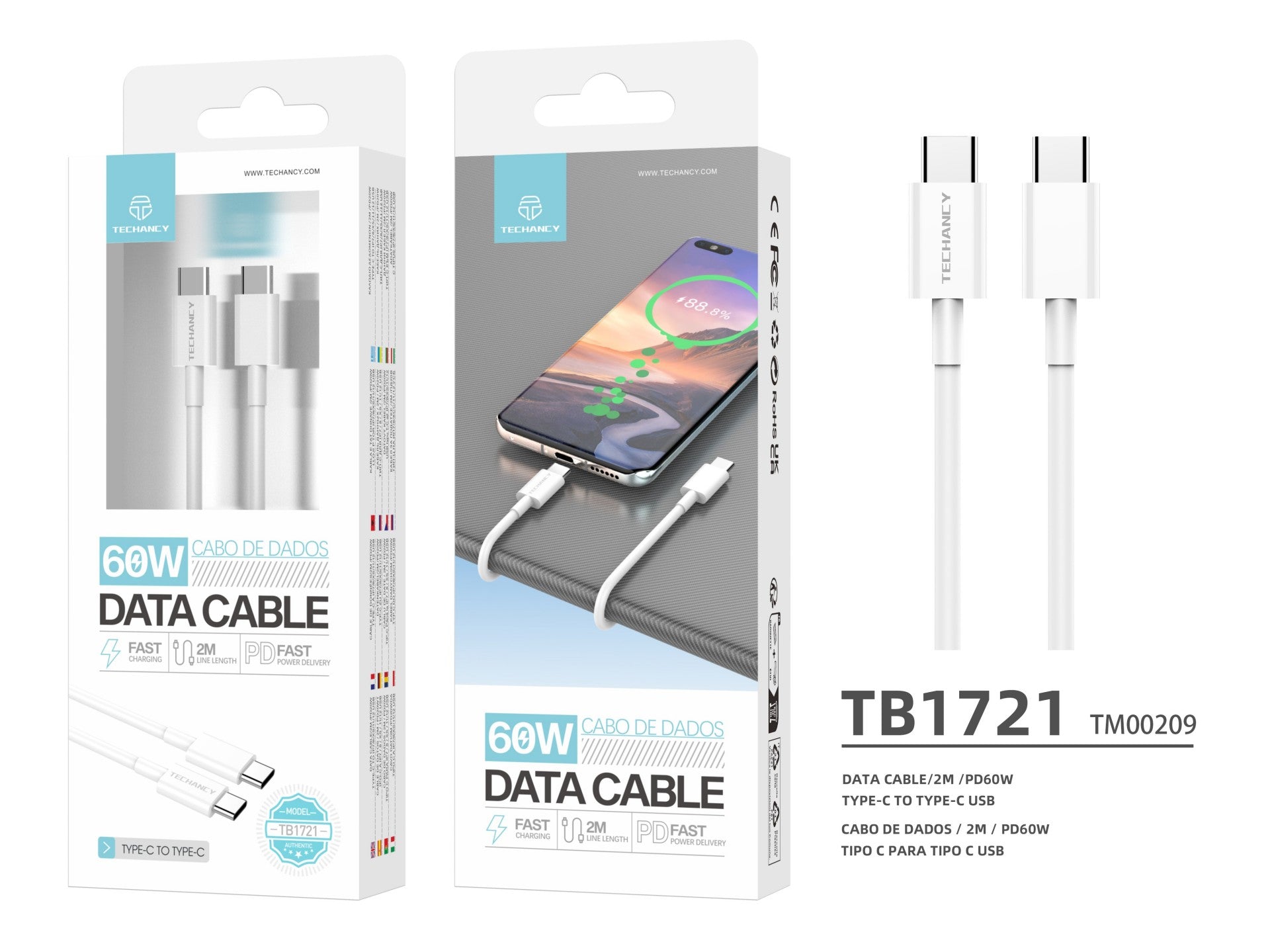 Techancy Cabo De Dados TB1721 Branco, Type-C Para Type-C, Carregamento Rápido 60w, 2m, Transmissão De Dados