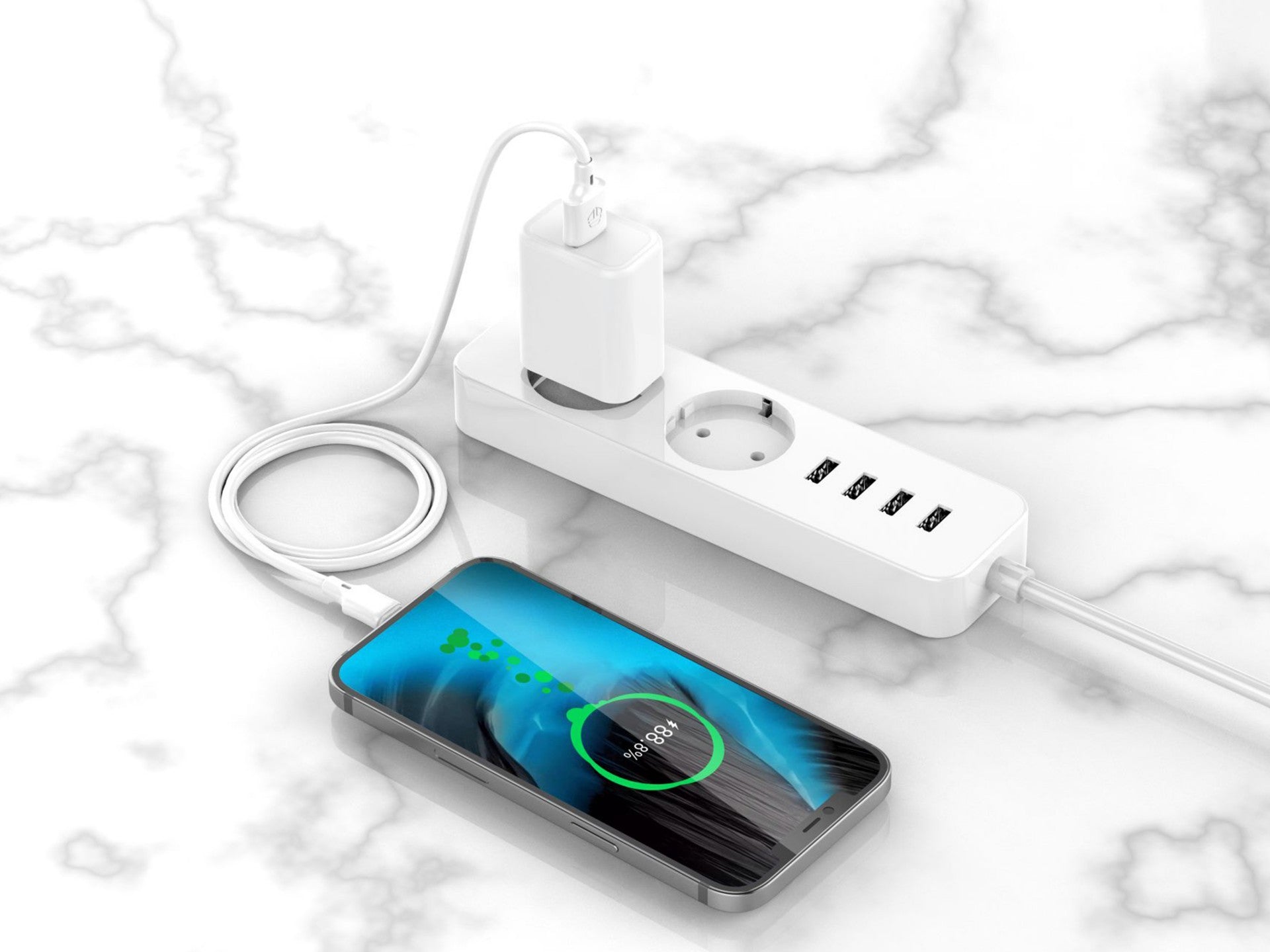 Techancy Cabo De Carregamento 3m Usb- Tipo C Branco TB1726, Carregamento Rápido De 2,4 A, Carregamento De Longo Alcance 3m