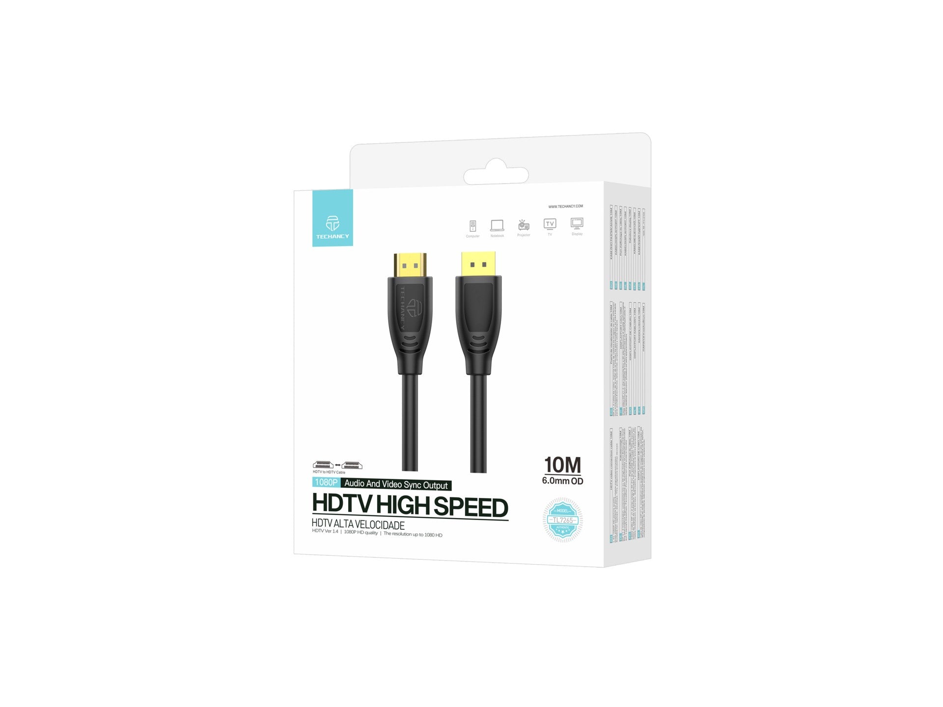 Techancy Cabo Hdtv De Alta Velocidade TL7265,10m, Ecrã Hd 1080p Para Televisores, Computadores, Projectores E Consolas