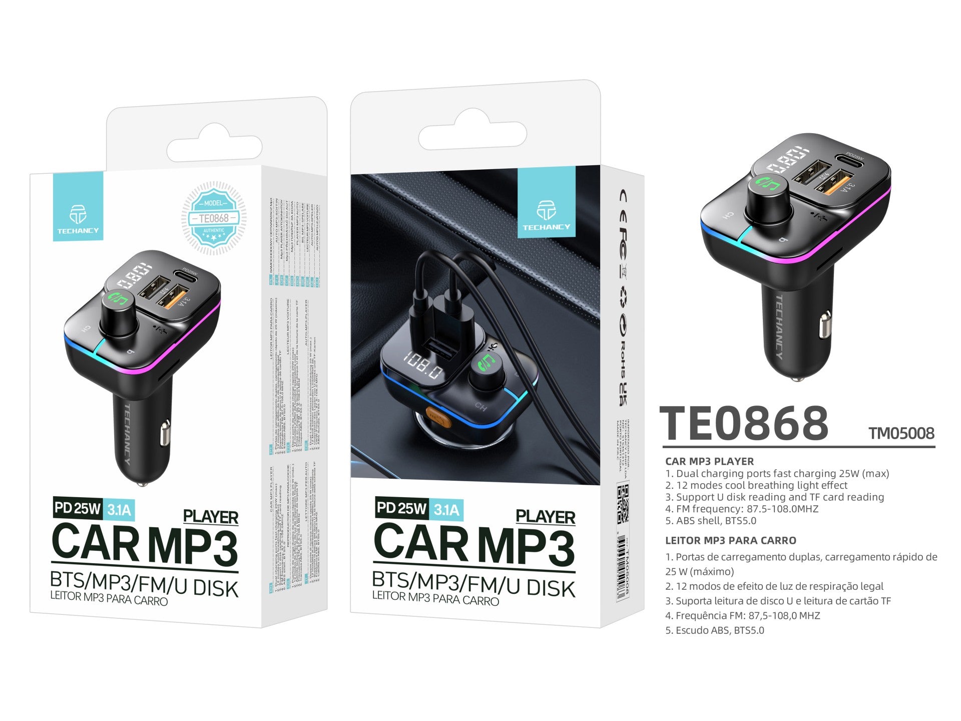 Techancy Transmissor Fm Para Automóvel TE0868, Carregamento Rápido Pd De 25 W, Reprodução De Mp3, 7 Leds A Cores