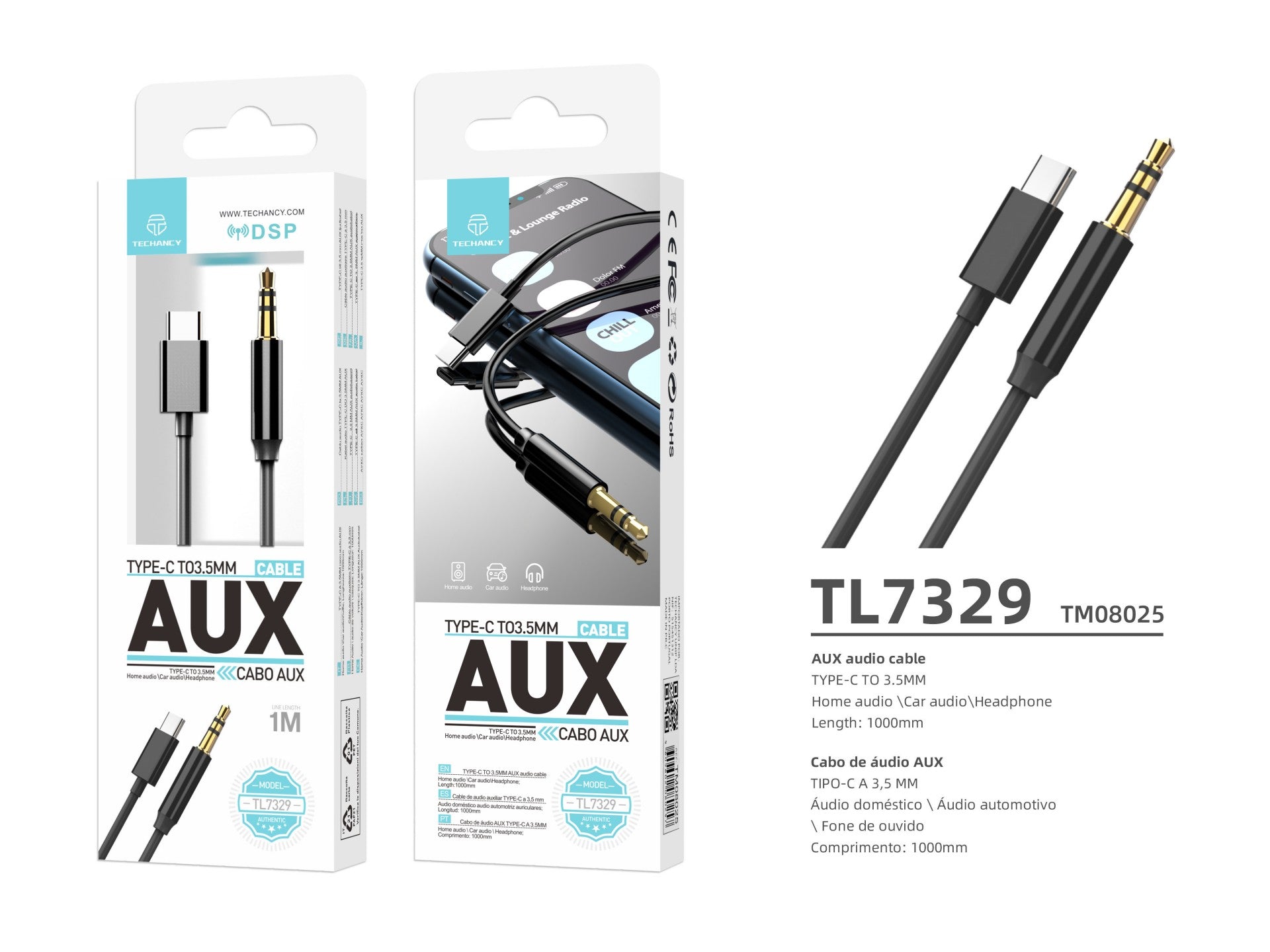 Techancy Cabo De Áudio Aux TL7329, Tipo-C Para 3.5mm, 1m, Para Áudio Automotivo E Fones, Som De Qualidade