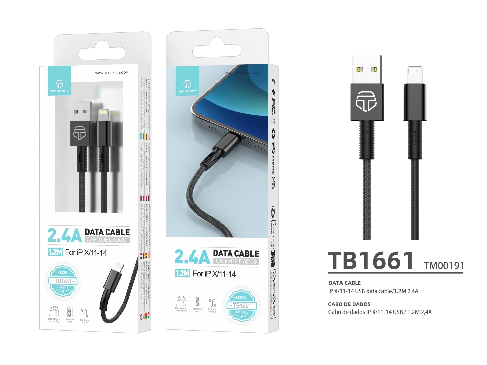 Techancy USB-Lightning Data Cable Black TB1717, 2.4A Fast Charging, Aluminum Alloy + Braided 1.2M