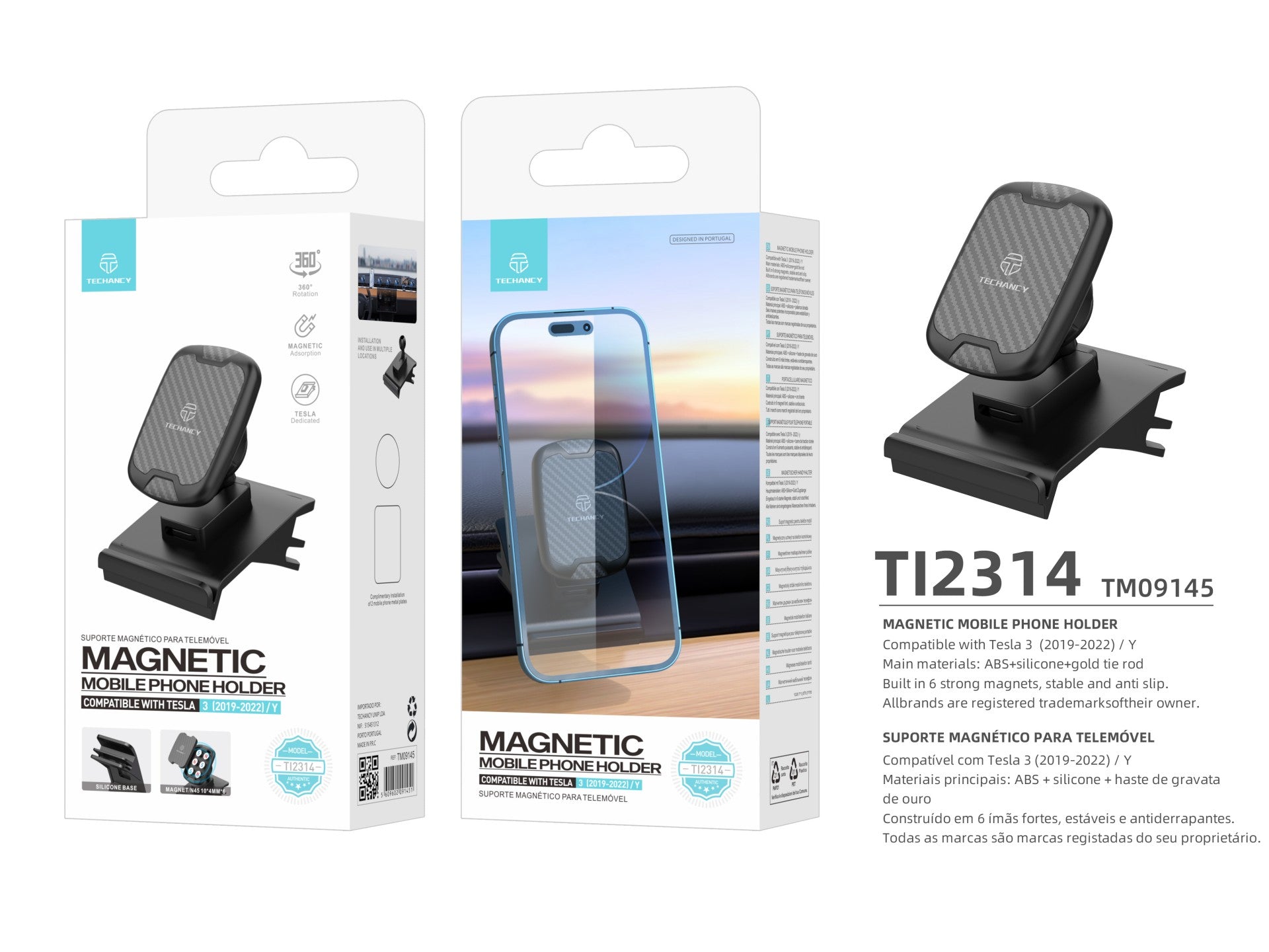 Techancy Suporte Magnético Para Telemóvel Para Automóvel Ti2314 Preto, Compatível Com Tesla Model 3/Y (2019-2022)