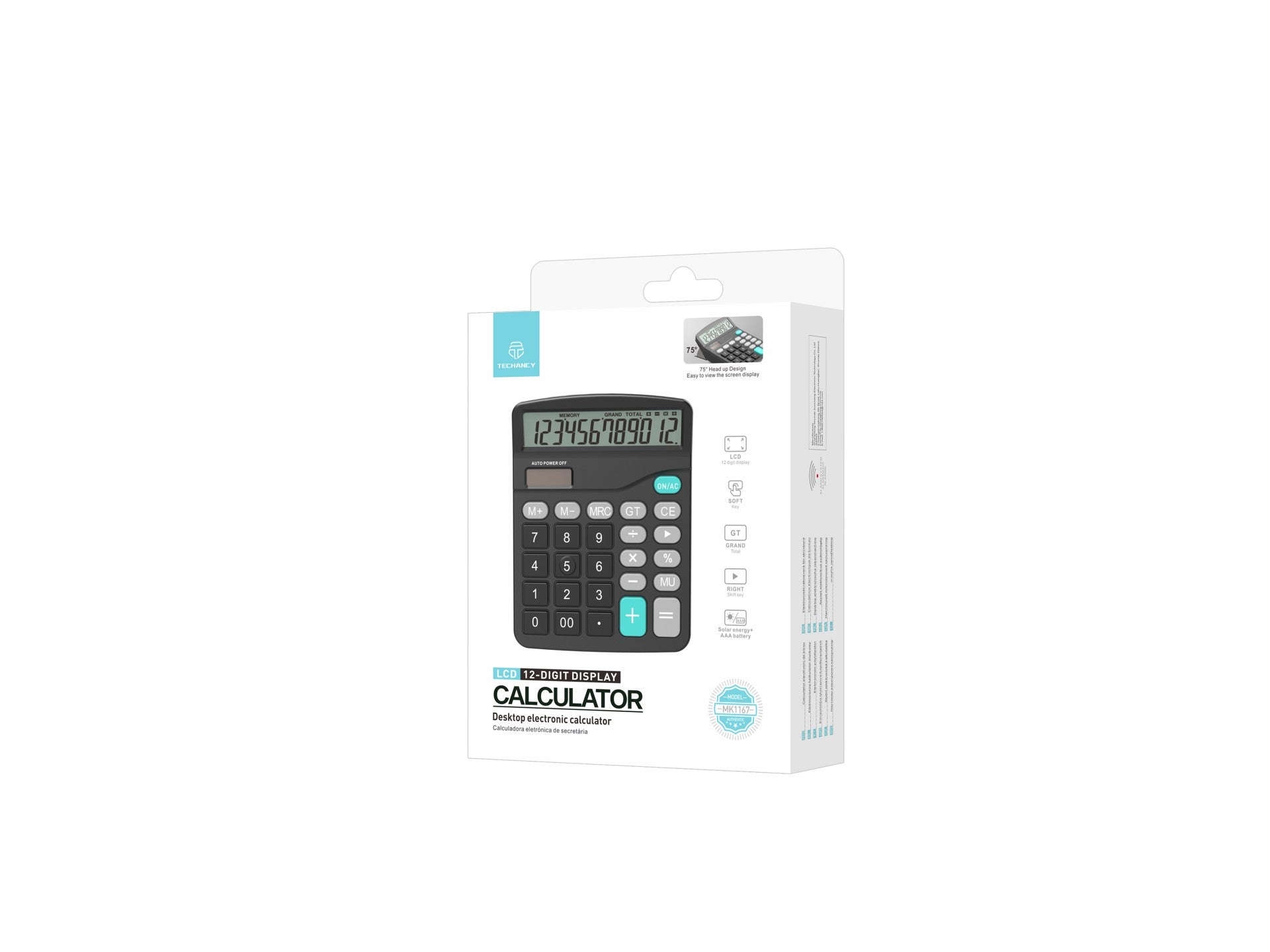 Techancy Calculadora de Mesa MK1167 12 Dígitos Dupla Energia Função GT/MU ABS TM25002 Preto