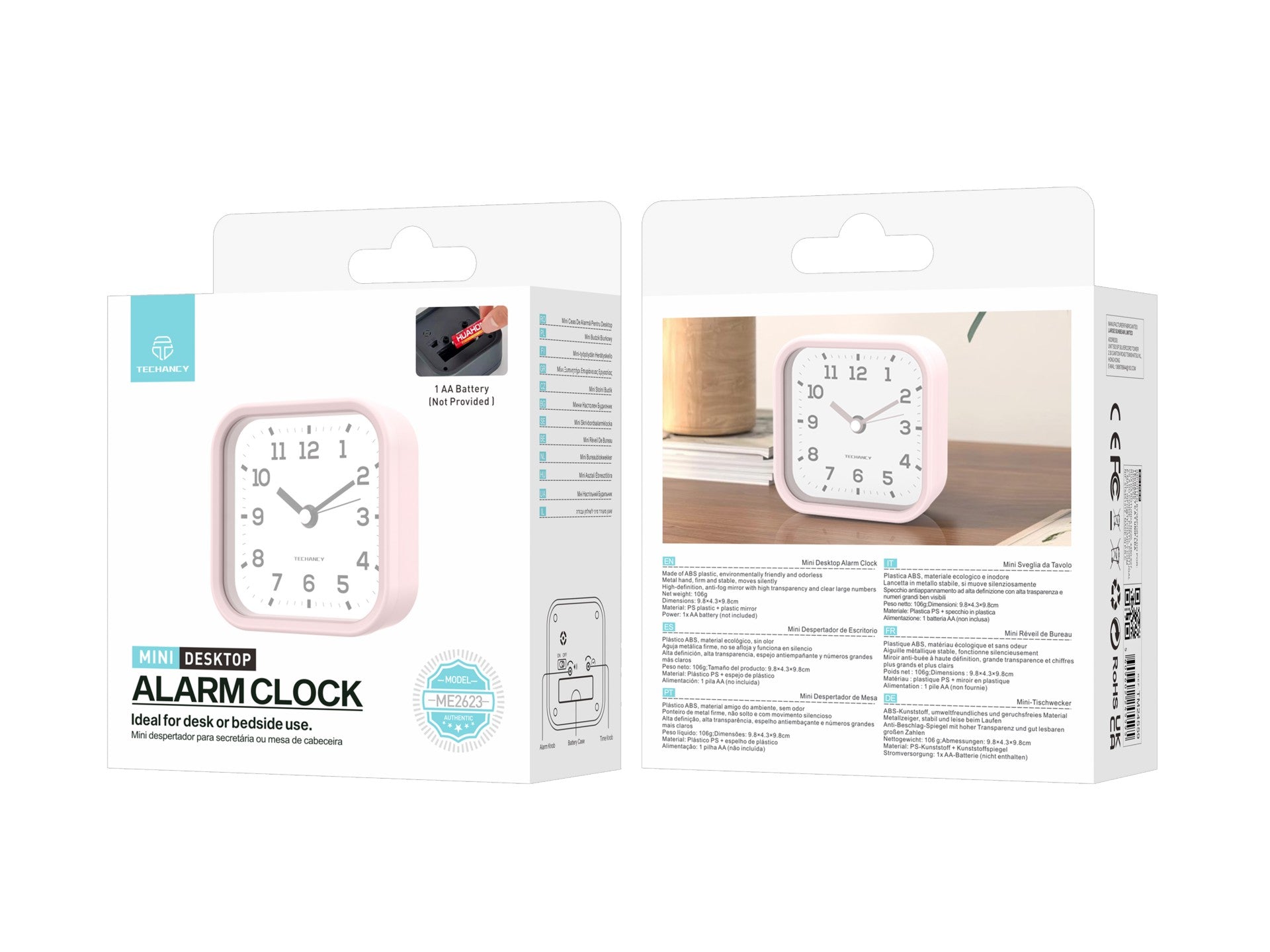 Techancy Mini ME2623 Silent Desk Alarm Clock, Large Numbers, HD Mirror, ABS Body, Portable for Bedroom and Desk, Pink Color