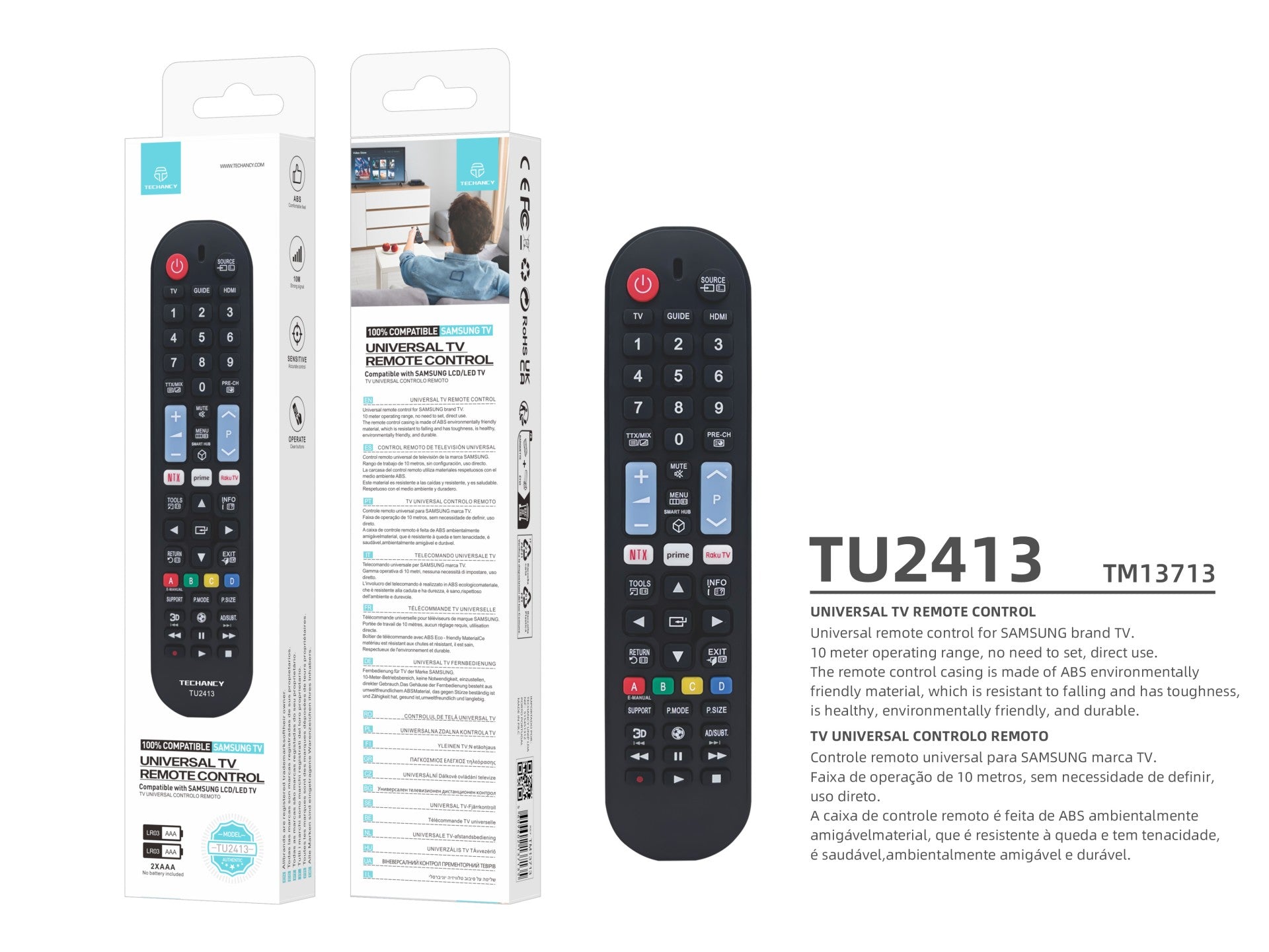 Control remoto Techancy TV TU2413, compatible con televisores Samsung, emparejamiento automático sin configuración