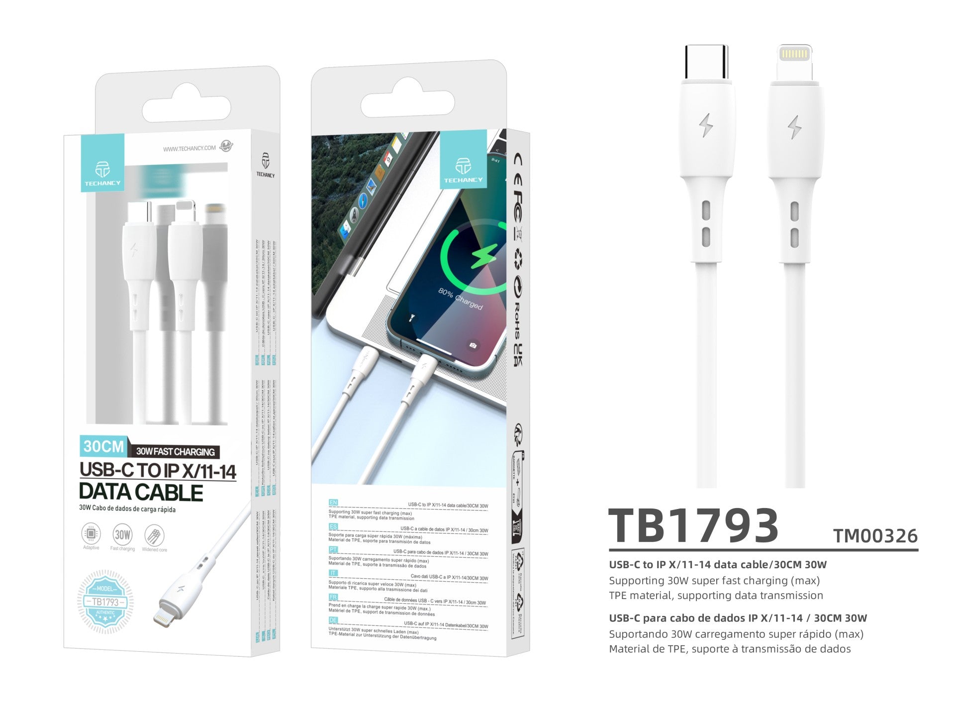Cable de datos USB C a Lightning Techancy TB1778, blanco, carga PD30W, 30 cm, apto para usar con banco de energía