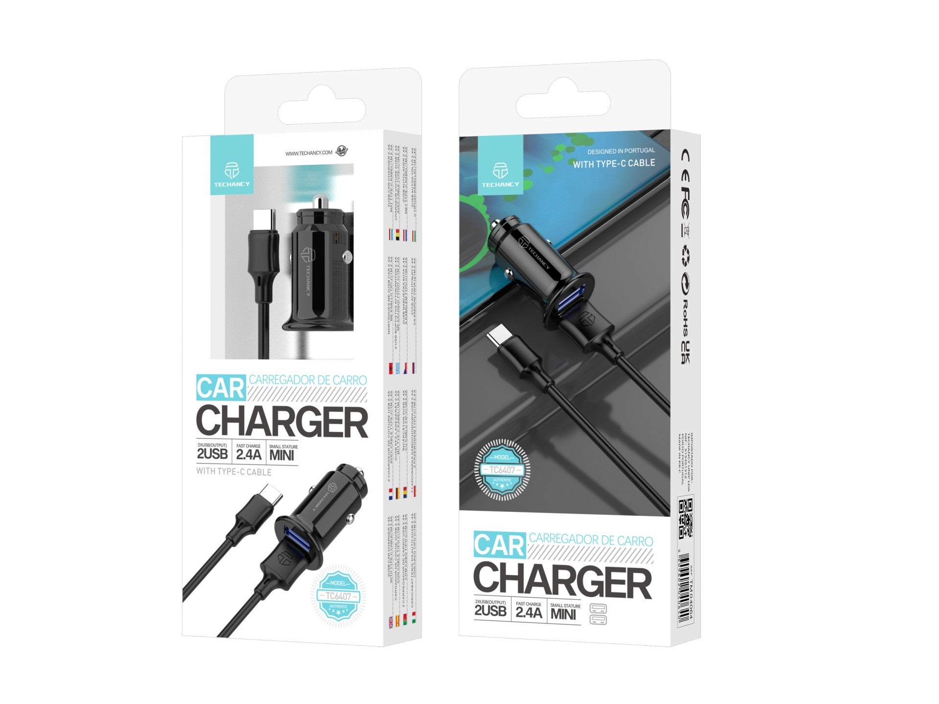 Techancy TC6407 Mini Car Charger, 2USB Charging 2.4A, USB-Type-C Data Cable Set 1m, Black