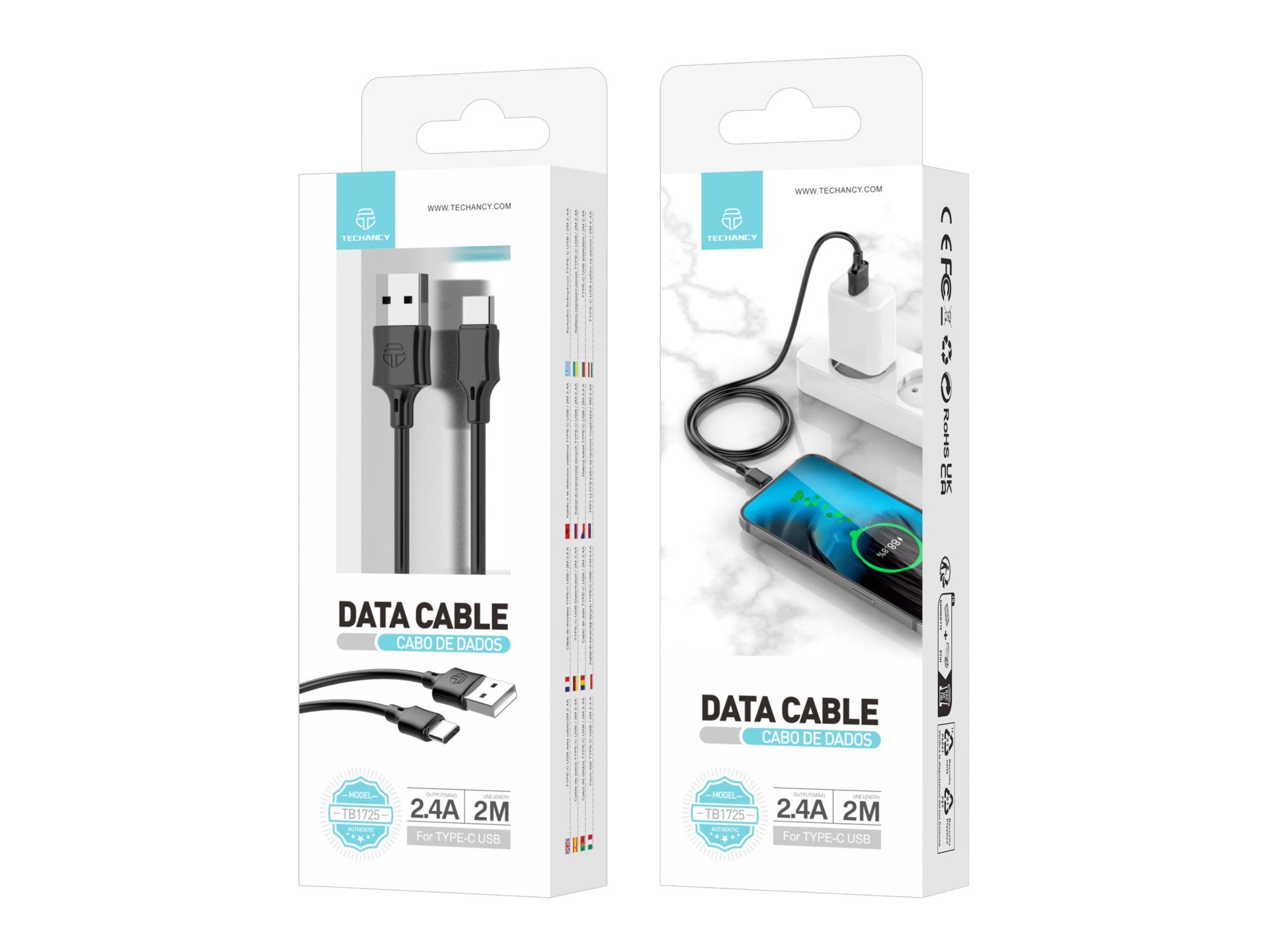 Techancy Cabo De Dados Usb-Tipo C Preto TB1725, 2m De Longa Distância, Carregamento De 2,4a, Compatível Com Telemóveis Tipo C