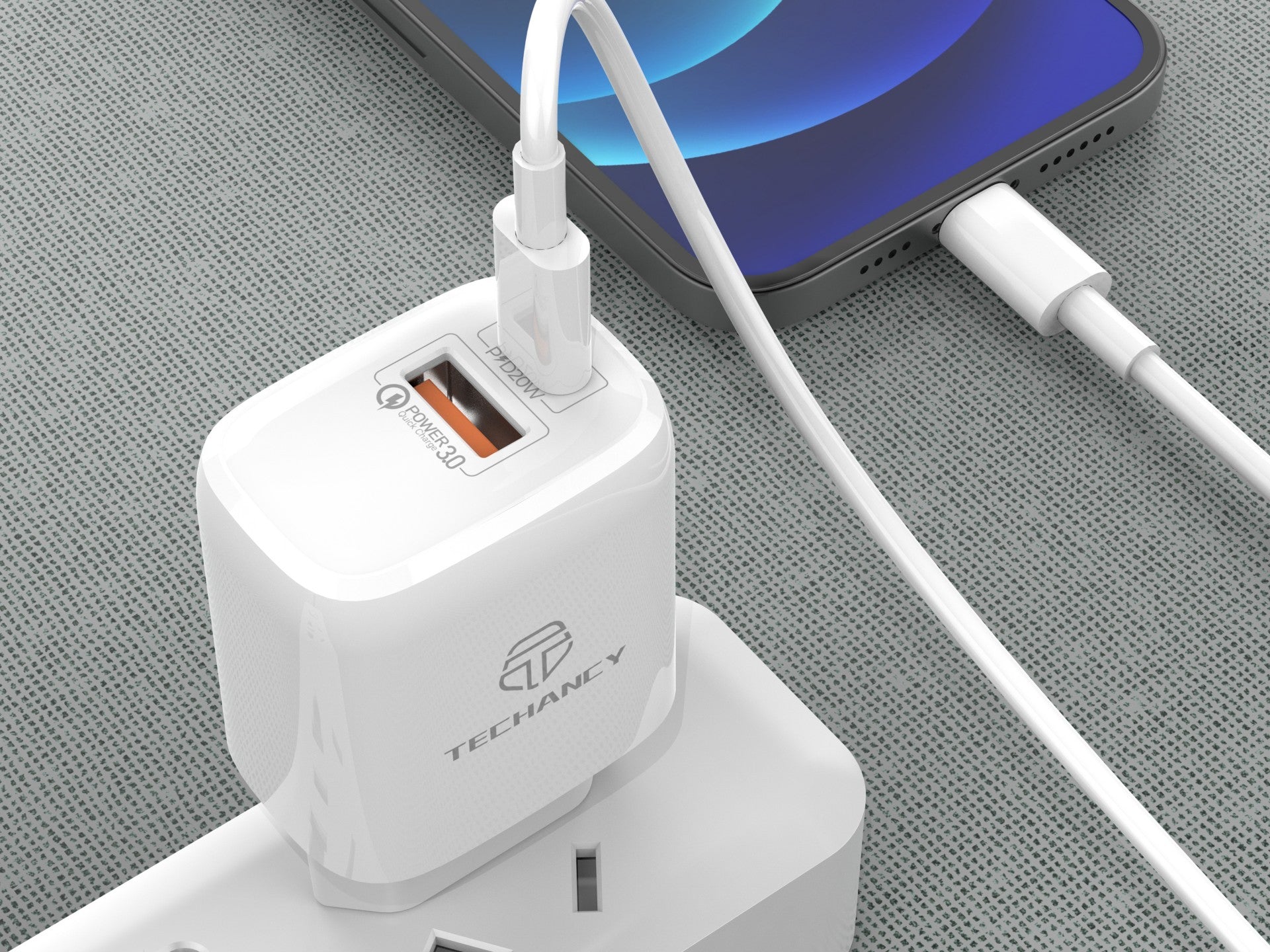 Techancy Carregador Branco De 20 W TA2801, Compatível Com Pd E Qc3.0 Com Cabo Usb-C Branco De 1 M Para Lightning
