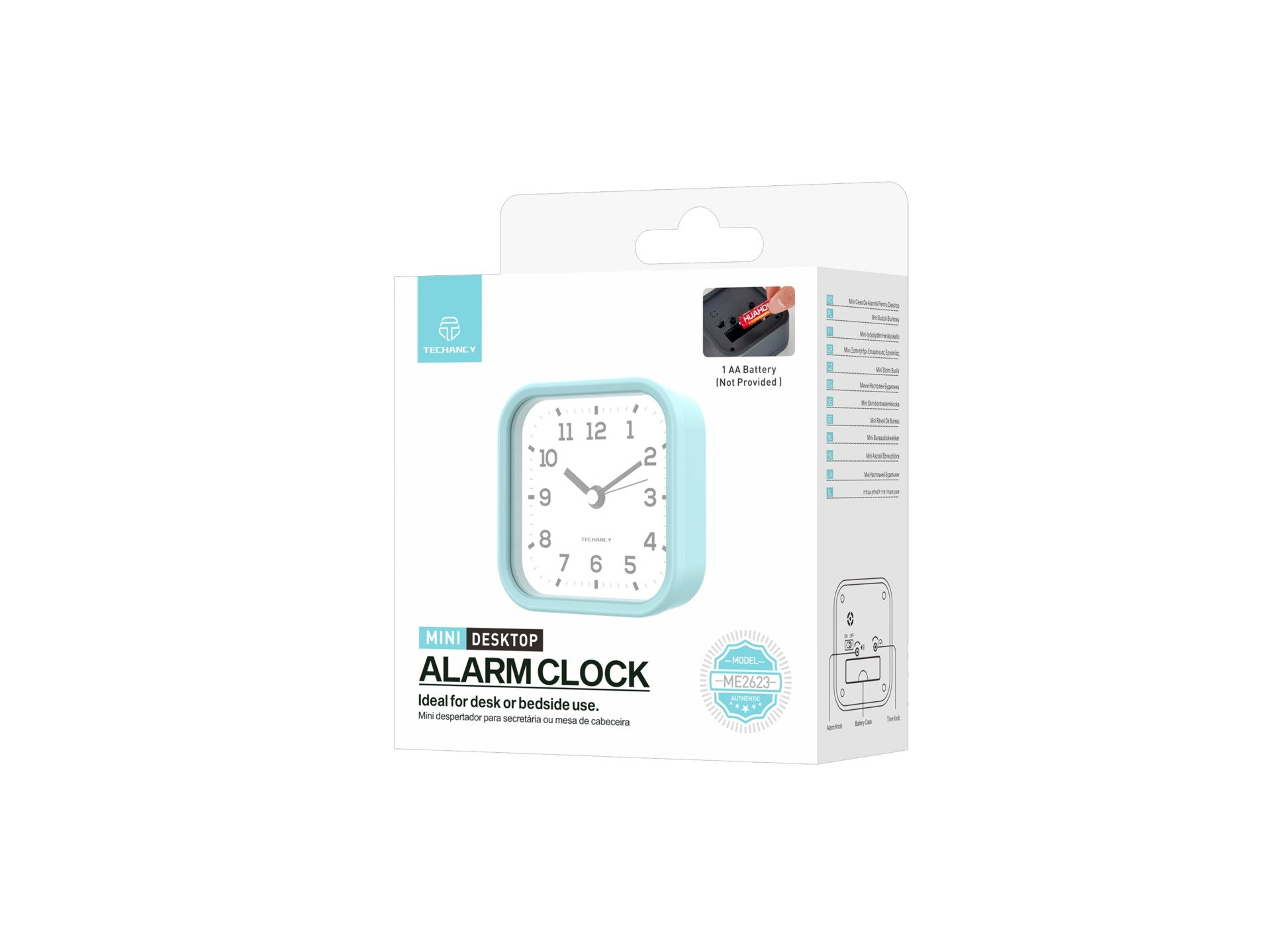 Techancy Mini ME2623 Silent Desk Alarm Clock, Large Numbers, Mirror, HD ABS Body, Portable for Bedroom and Office, Blue Color