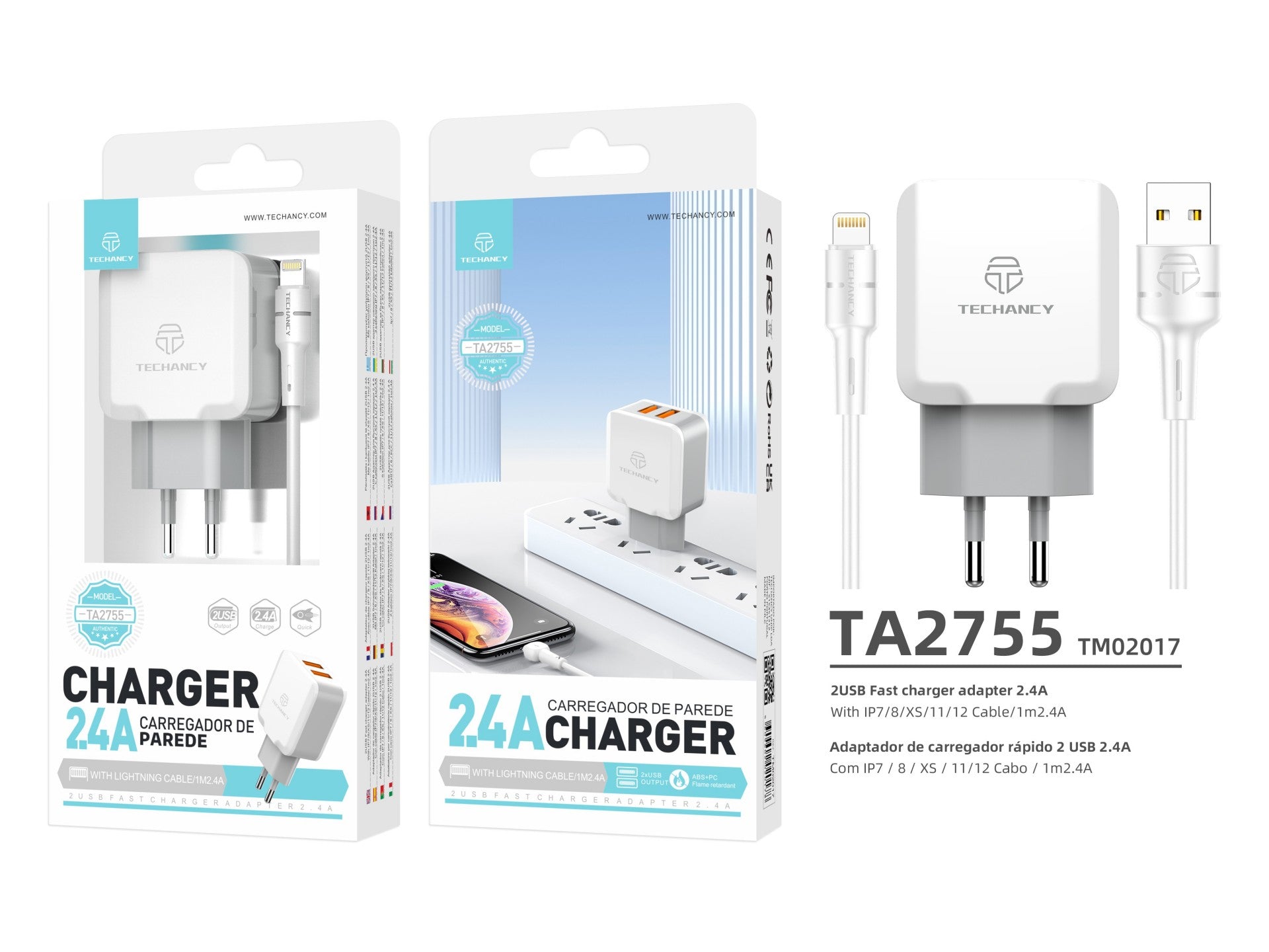 Techancy Carregador De Parede De Porta Usb Dupla 2.4A Branco TA2755 Com Conjunto De Cabos Usb-Lightning 1m