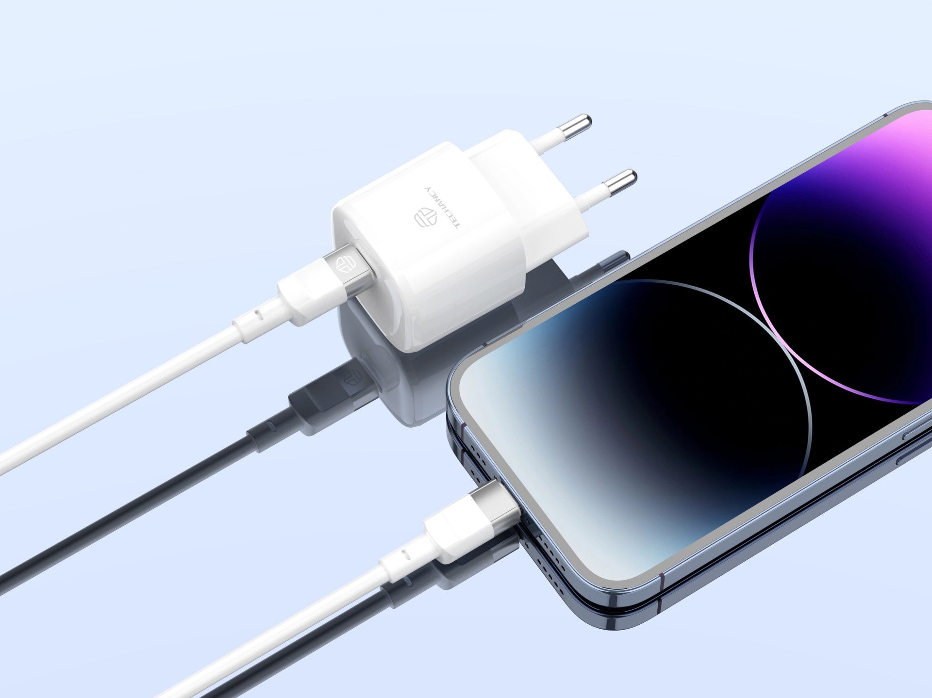Cable de datos Techancy PD de 30 W, blanco, 1 m, TB1792, USB C-IPX/11/12-14, compatible con carga rápida y transferencia de datos.