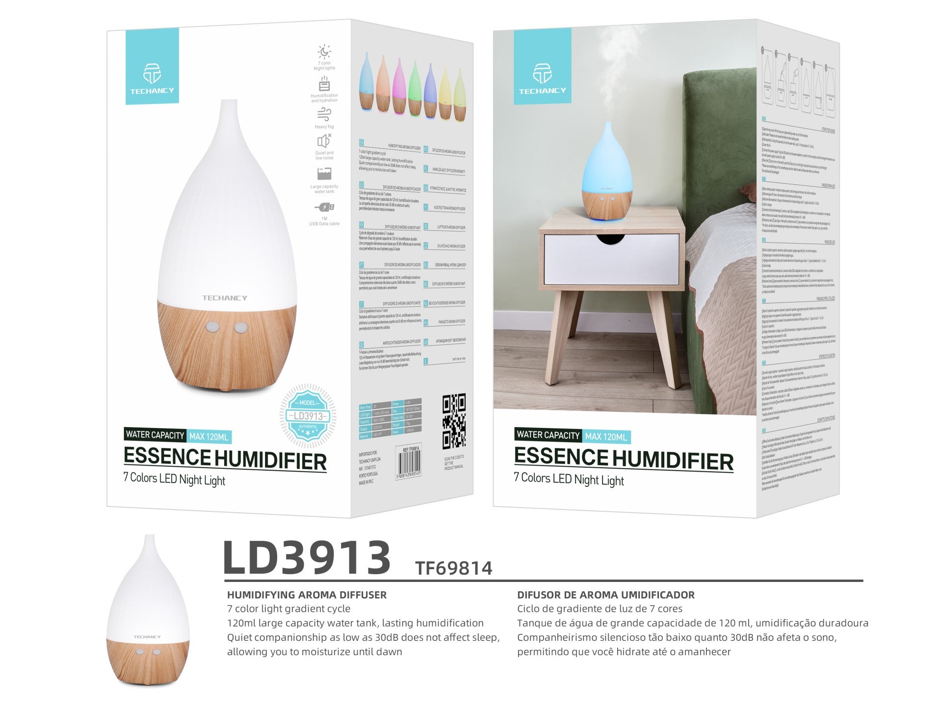 Difusor de aromaterapia Techancy, LD3913, com função de humidificação, branco + grão de madeira
