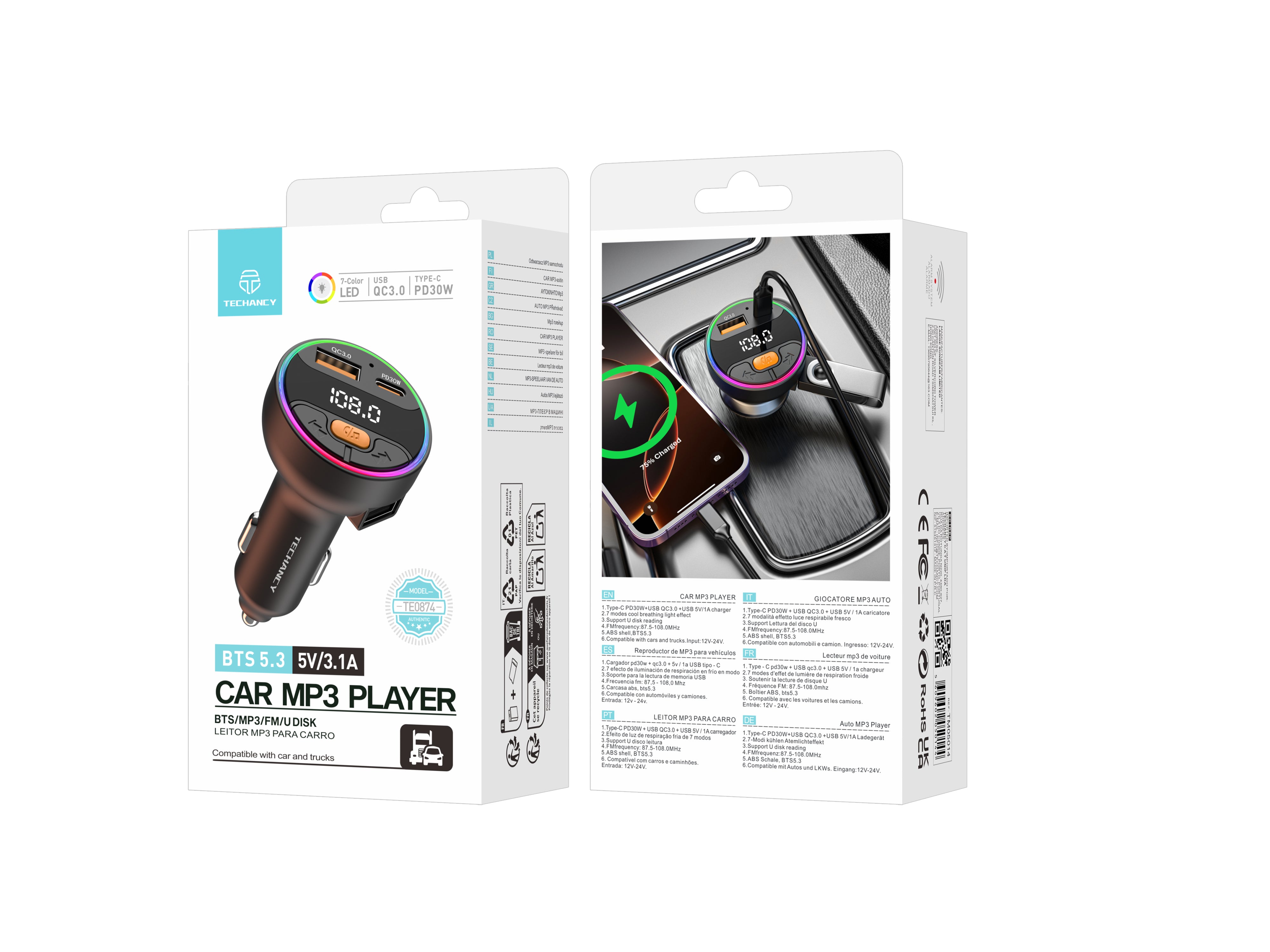 Techancy Car MP3 Player TE0874, PD30W+QC3.0, 7 Color Light, FM 87.5-108MHz, U Disk, Compatible 12-24V