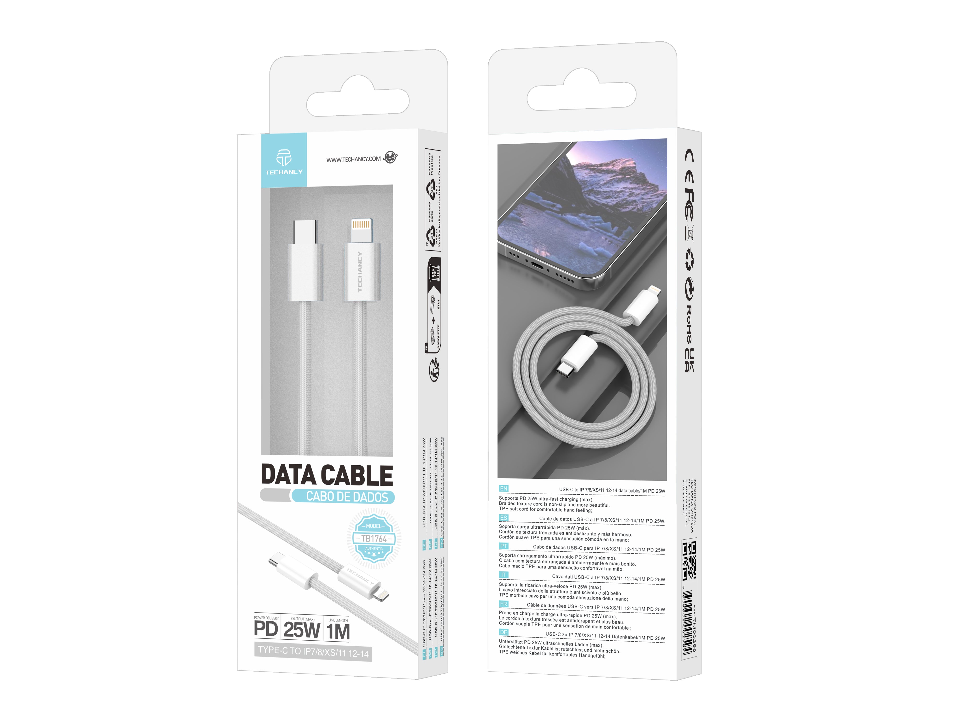 Techancy Cabo de Dados PD TB1764, 25W, 1m Branco, USB-C para Lightning, CompatIvel com iPhone 8/XS/11-14, Design Trancado Resistente