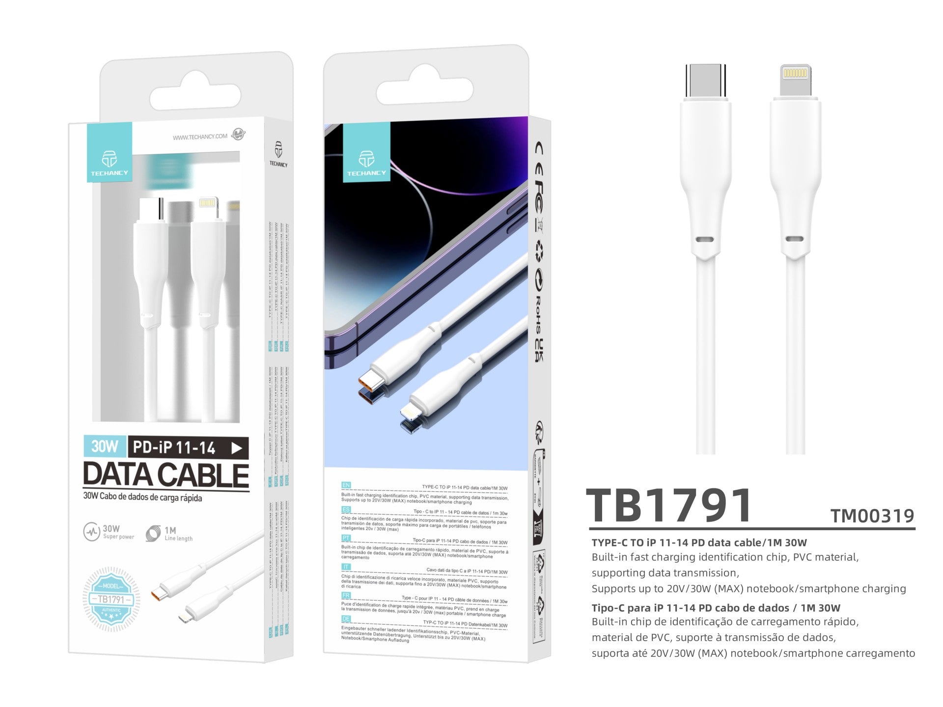 Techancy Cabo De Dados Pd 30w Branco 1m, TB1791, Usb C-Ipx/11/12-14 De Alta Potência, Compatível Com Tablet E Telemóvel