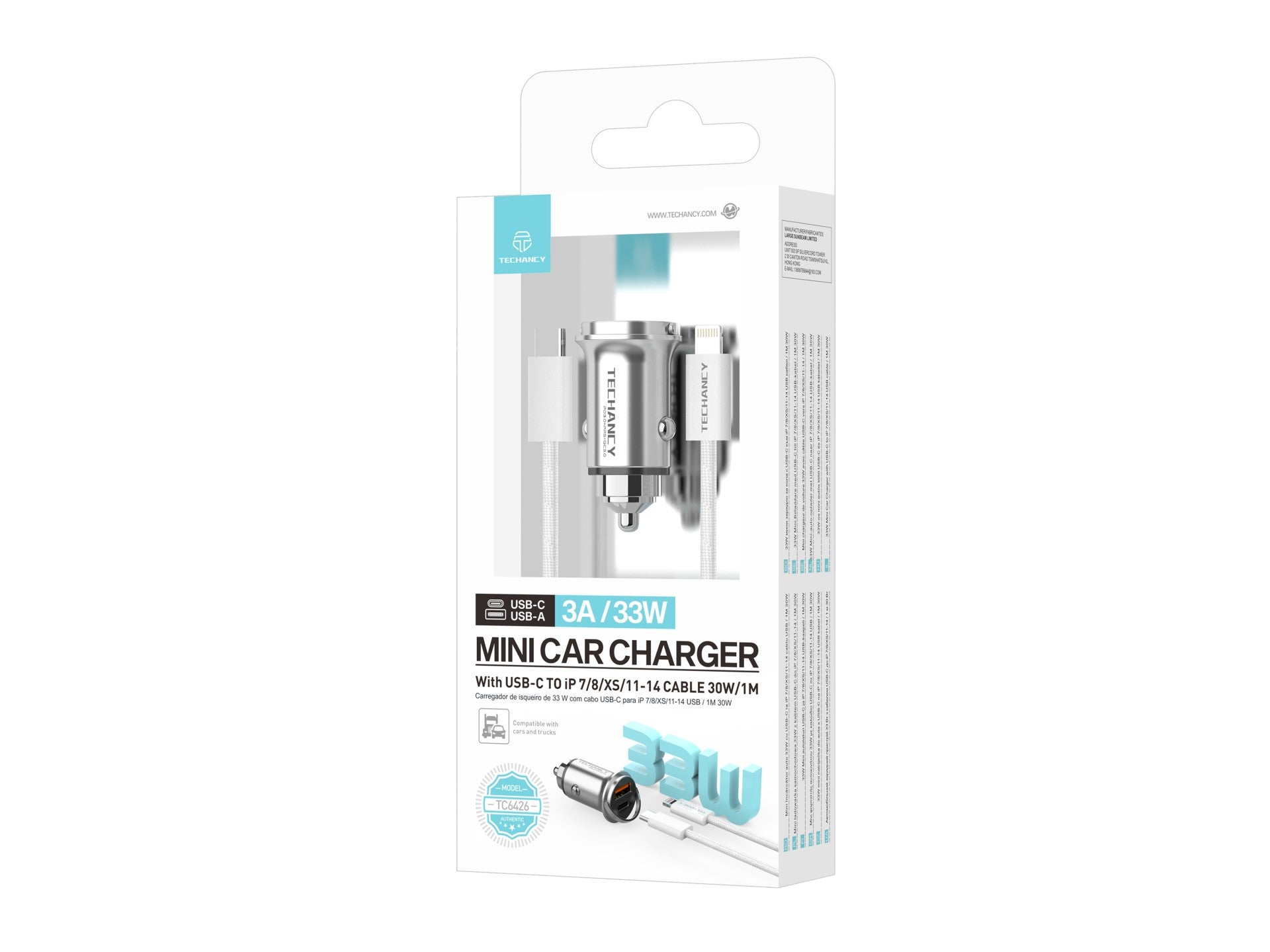 Cargador mini Techancy TC6426, 33 W, USB-A+USB-C, con cable USB-C a Lightning de 1 m, aleación de aluminio, compatible con iPhone