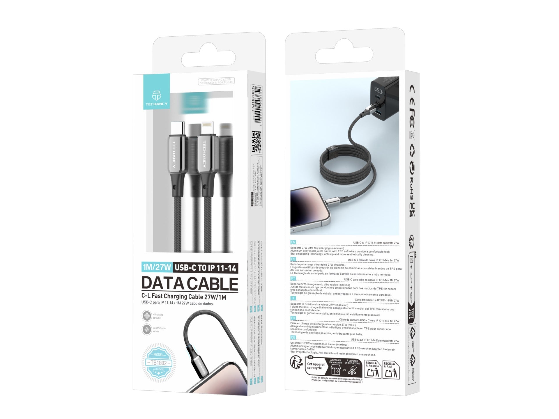 Cable USB-C a Lightning Techancy TB1802, 27 W, 1 m, negro, conector de aluminio, diseño antideslizante, compatible con iPhone 11-14