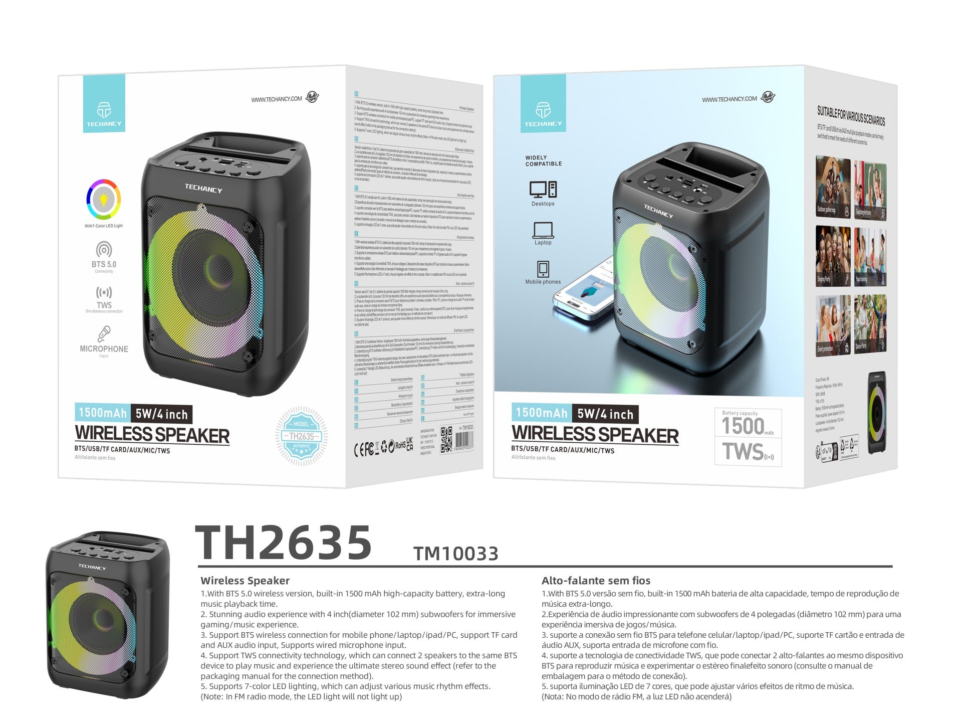 Techancy Altifalante Bluetooth Sem Fios TH2635, 5 W/4 Polegadas, Som Estéreo Tws, Ritmo De Luz Led, Entrada De Microfone