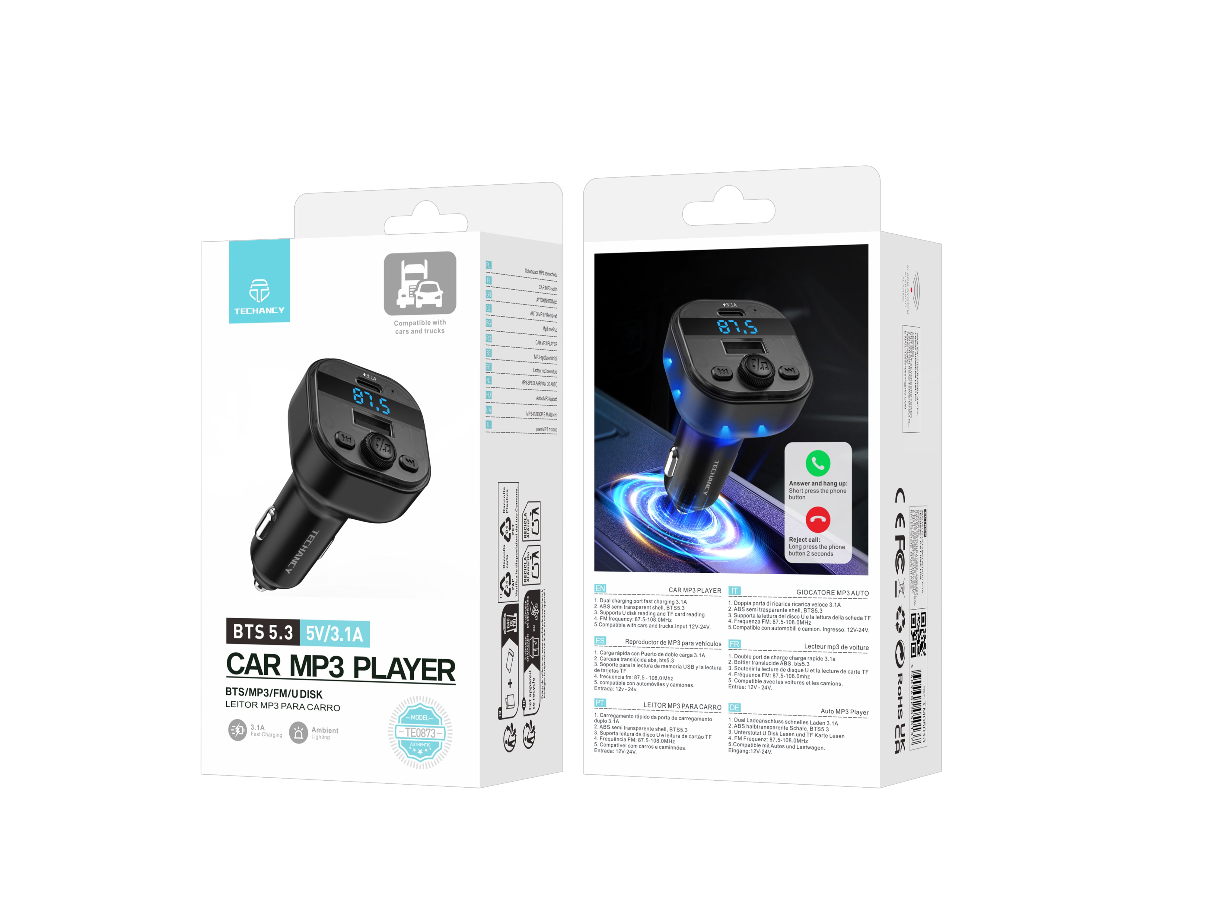 Reproductor MP3 para coche Techancy TE0873, doble puerto USB 3.1A, FM, disco U, tarjeta TF, compatible con coches y camiones de 12 V-24 V