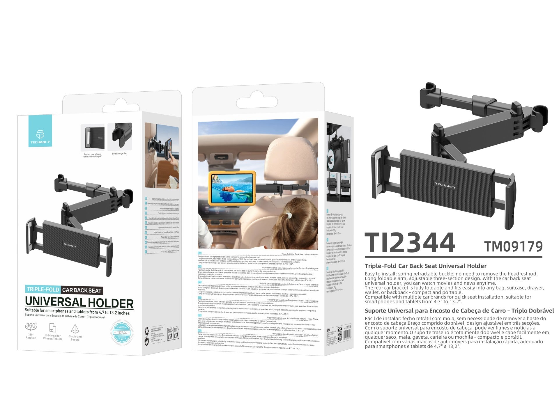 Techancy TI2344 Triple Folding Car Rear Mount with 360° Rotation, Adjustable, Stable, Compatible with 4.7 to 13.2 inch Cars, Black Color