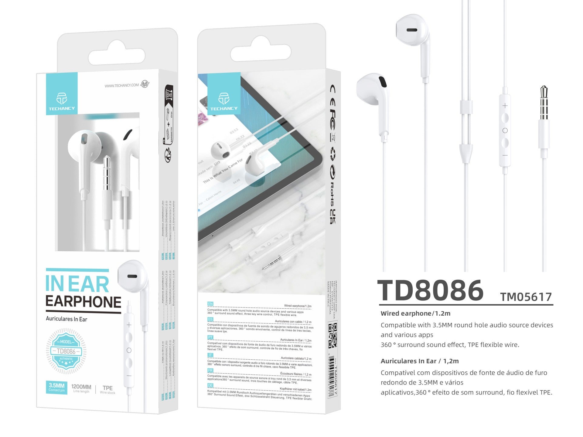 Techancy White In-Ear Headphones 1.2m TD8086 with Cable and Microphone, 3.5mm Music Headphones