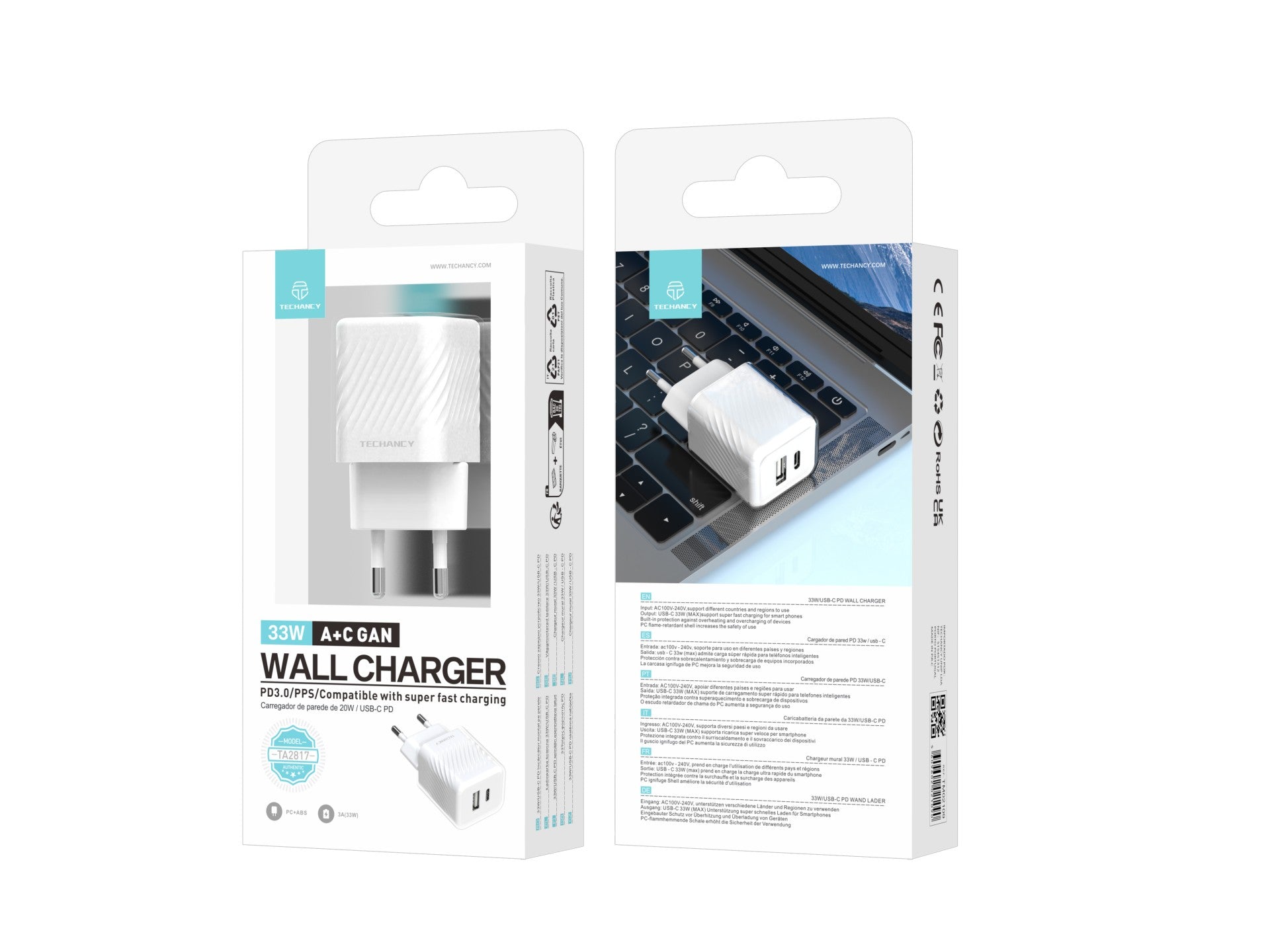 Techancy Carregador De Parede Pd Usb-C De 33 W Branco TA2817, Adaptador De Carregamento Rápido A + C De Porta Dupla Para Gan.