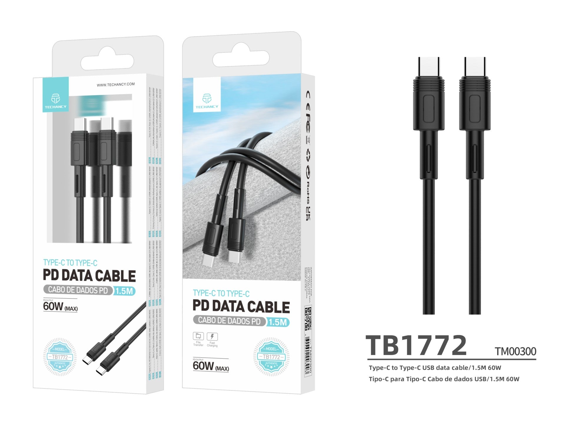Techancy Cabo Pd De Carregamento Rápido Preto 1,5 M TB1772, Usb C Para Porta Usb C 60w/20v-3a Carregamento