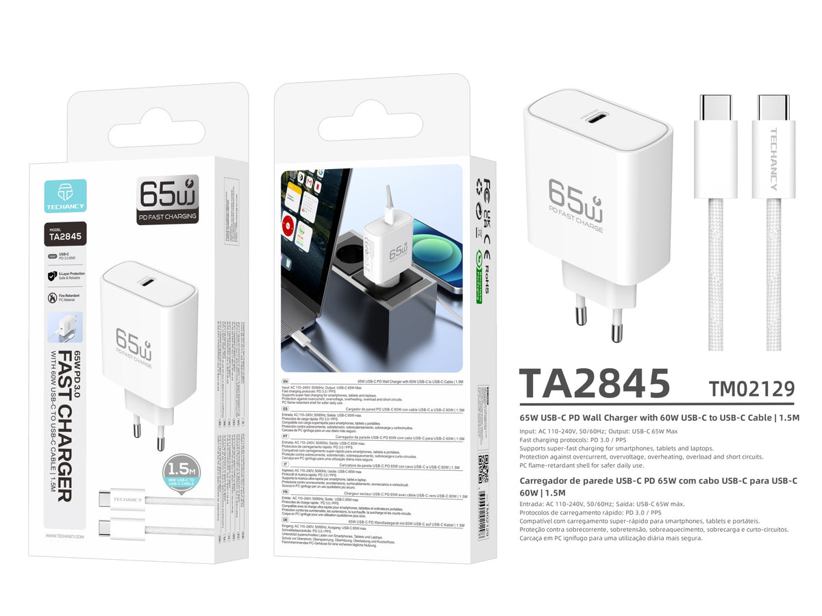 Carregador USB-C 65W TECHANCY TA2845, PD 3.0 PPS, Carregamento Rapido, Cabo USB-C para USB-C 60W de 1,5 m Incluido