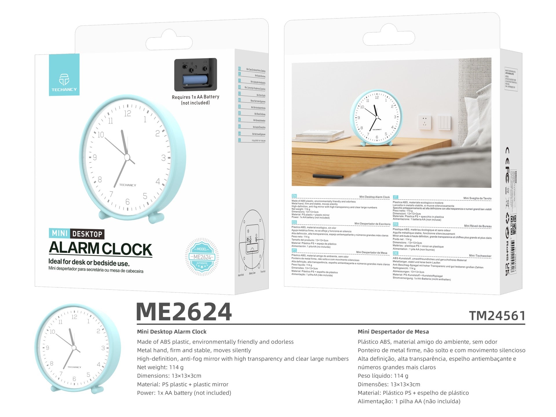 Techancy Mini ME2624 Silent Desk Alarm Clock, Large Numbers, Mirror, HD ABS Body, Portable for Bedroom and Desk, Blue Color