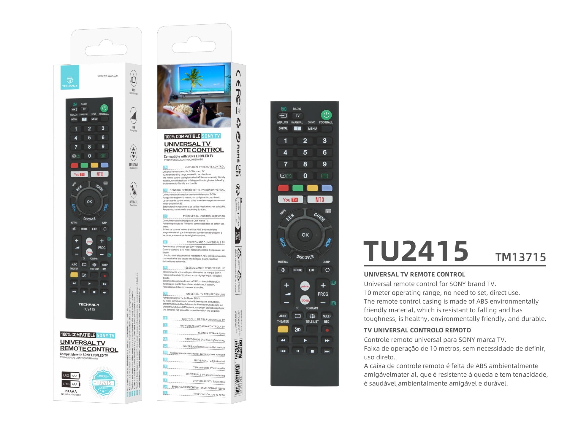 Techancy TV Remote Control TU2415, Compatible with Sony TVs, Automatic Pairing Without Configuration