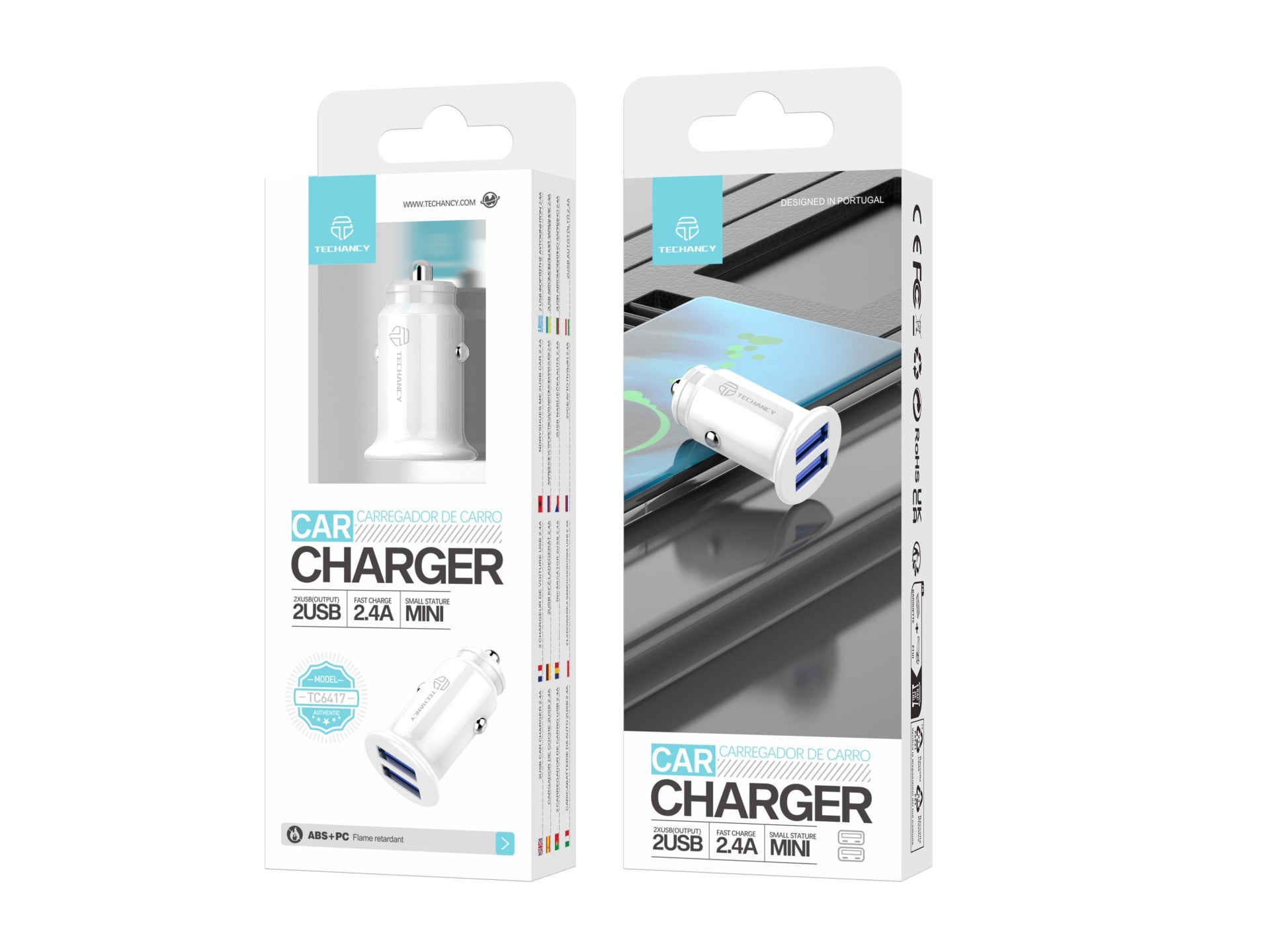 Cargador mini para coche Techancy TC6417, 2 puertos USB de 2,4 A, compatible con camiones y coches, color blanco