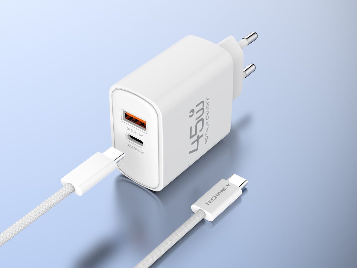 Carregador USB-C 45W TECHANCY TM02128, PD 3.0 PPS, USB-A QC 3.0, Carregamento Rapido, com Cabo USB-C para USB-C 60W de 1 m
