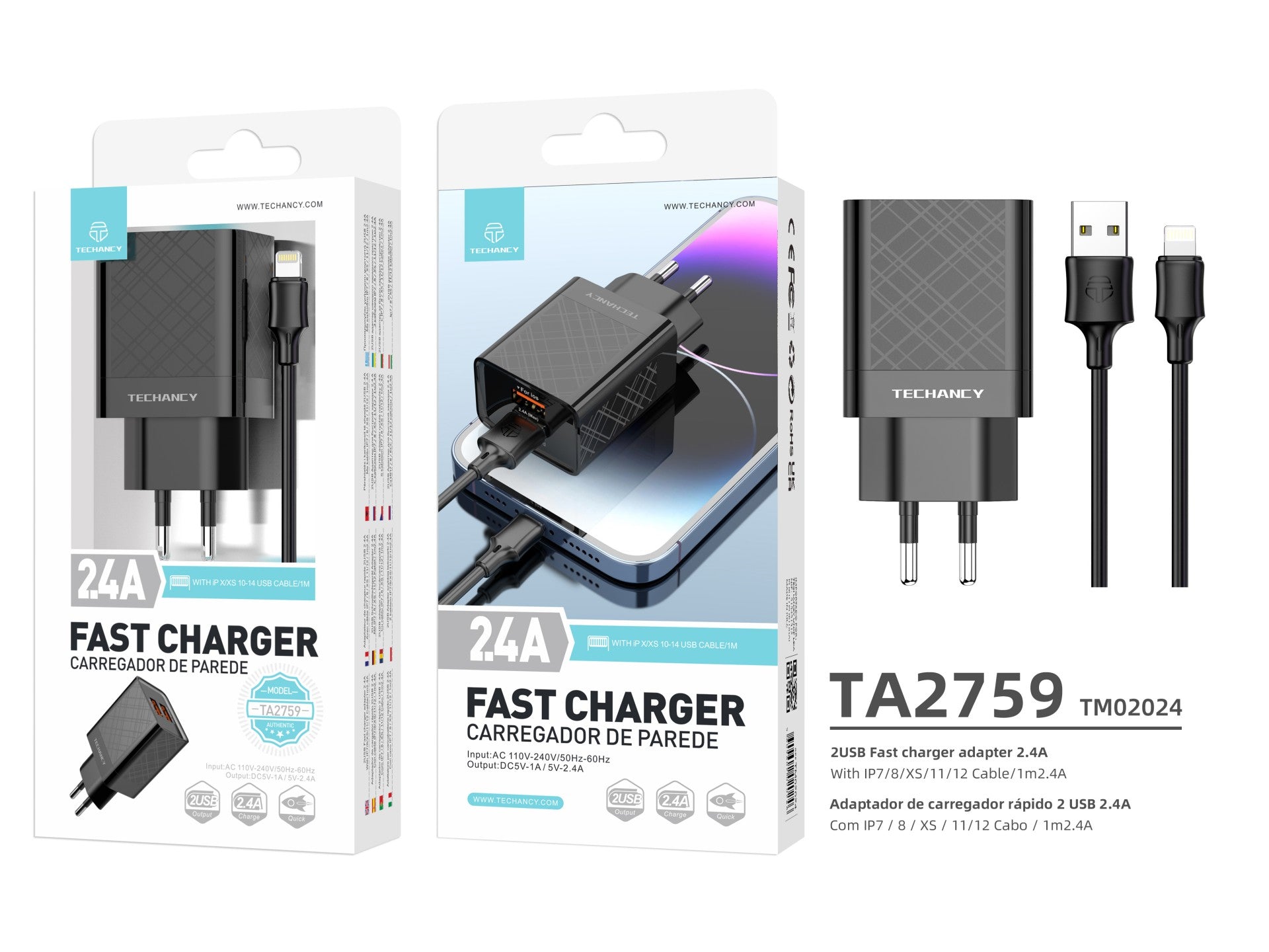 Techancy USB Charger 2.4A Black TA2759, Cable Kit IP7/X/11-14, 1m 2.4A, Built-in Smart Chip.