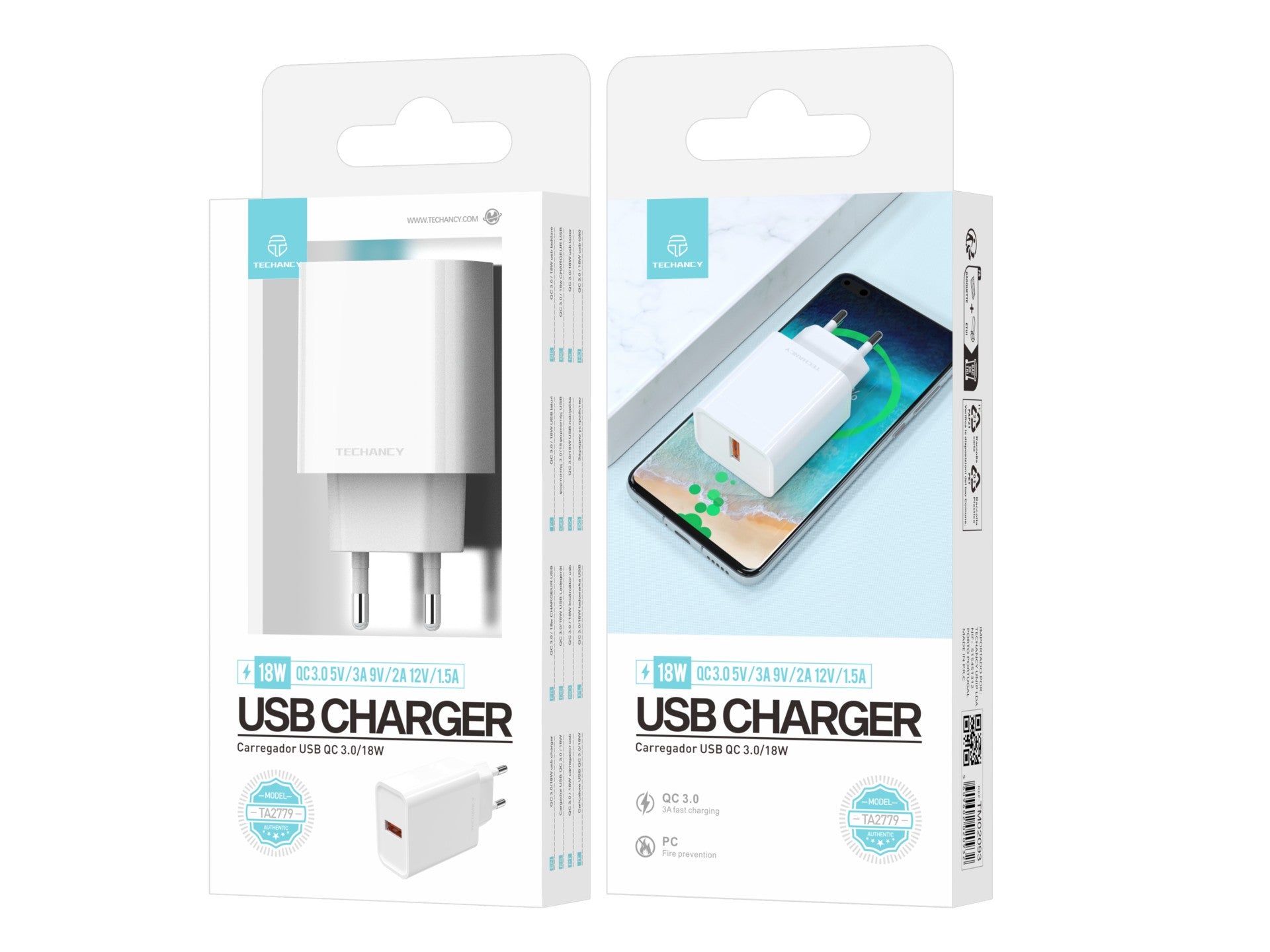 Techancy Charger Qc3.0 18w White TA2779, Compatible with Samsung, Xiaomi, Huawei Etc, Fast Charging 18w.