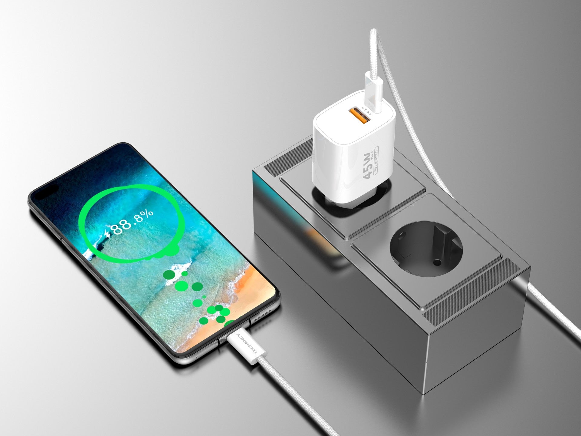 Cargador Techancy TA2820 USB-A+USB-C, 45 W PD, con cable USB-C a USB-C de 1 m, compatible con varios dispositivos