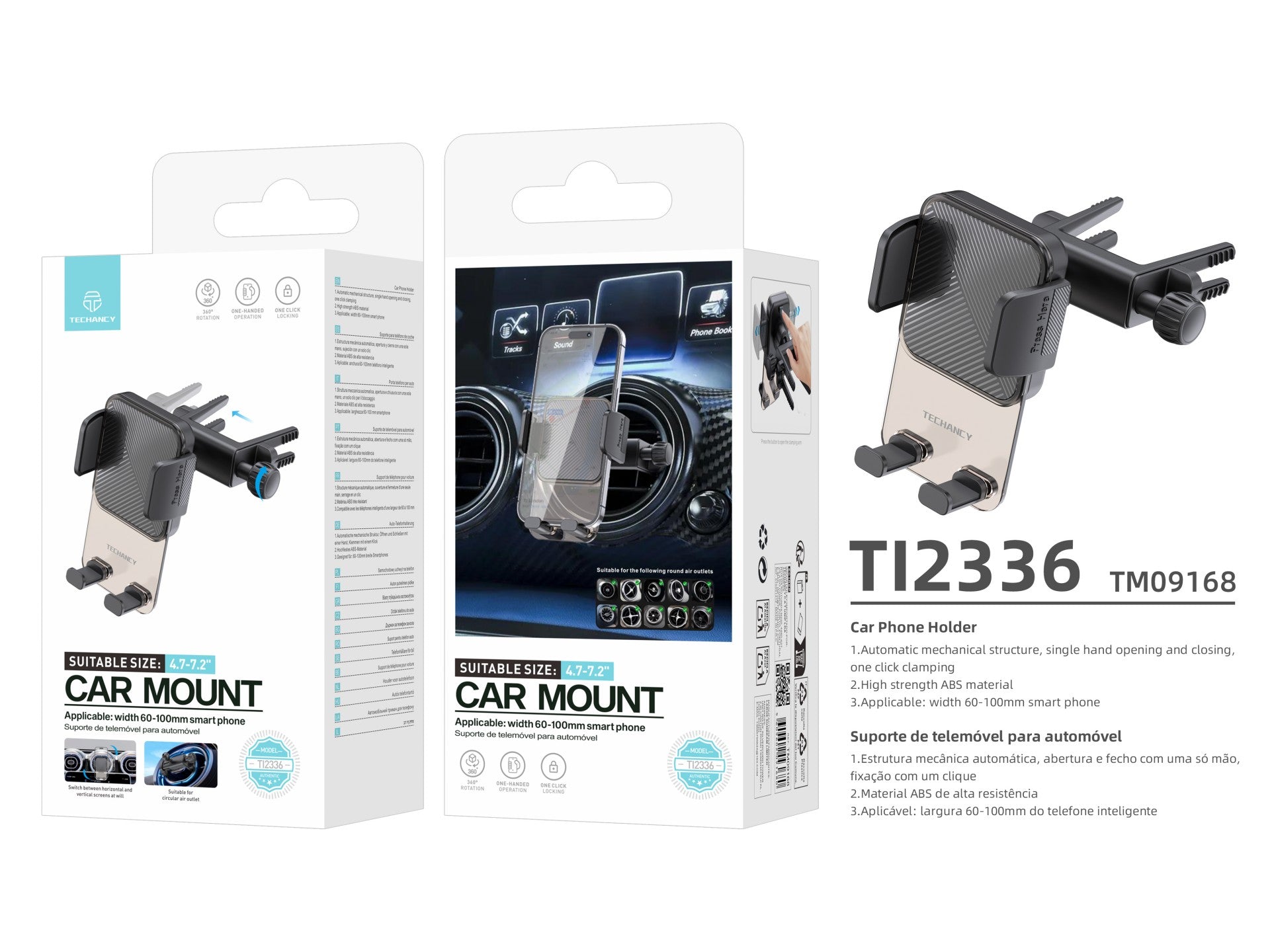 Techancy Suporte para TelemOvel de Saída de Ar Redonda TI2336, Operação com Uma Mão, ABS de Alta Resistência, para Smartphones 4.7"-7.2", Preto