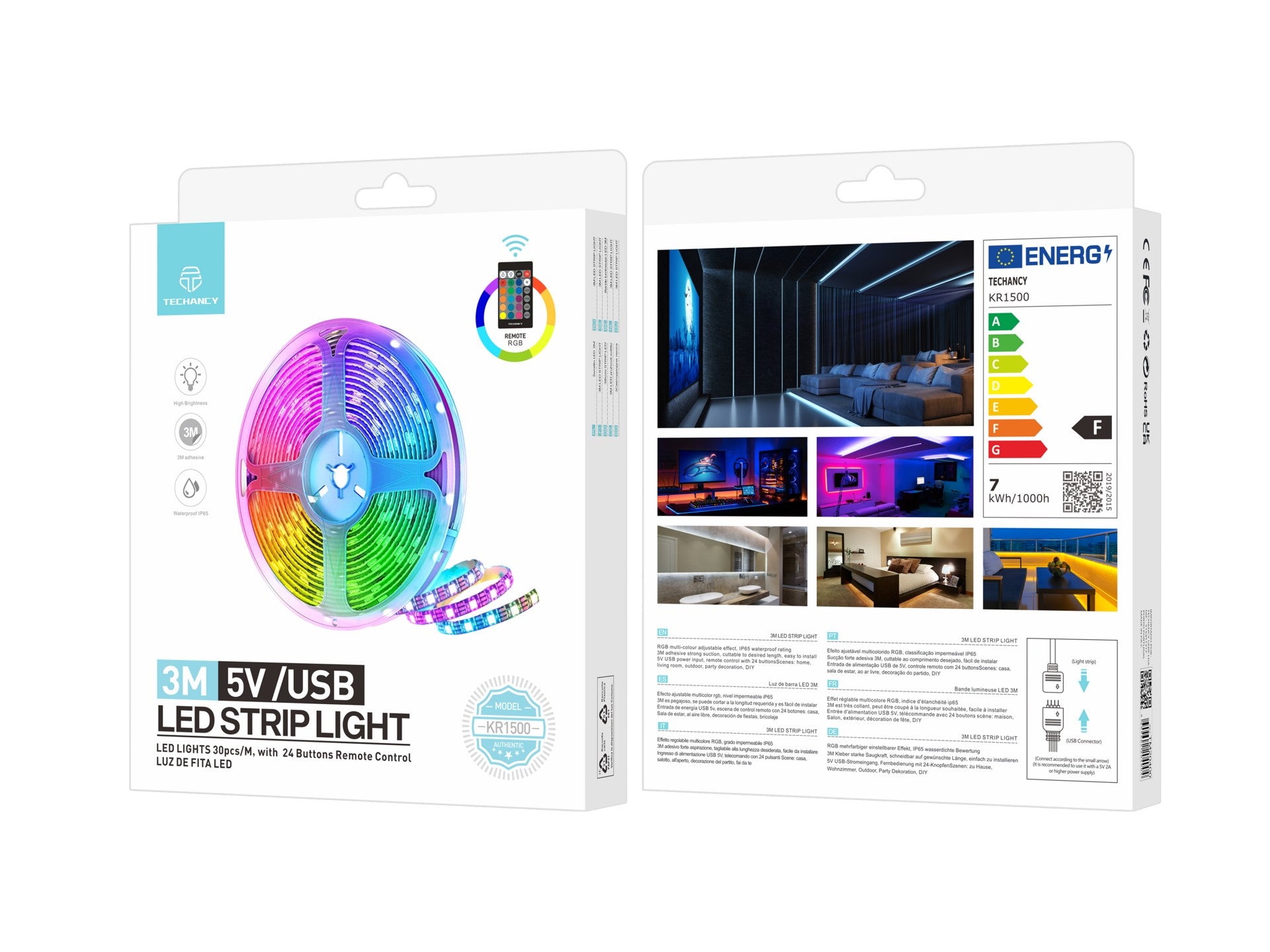 Techancy Fita Led 3m KR1500, Fonte De Alimentação 5v/Usb Com Controlo Sem Fios, Efeito Multicolor Rgb, À Prova De Água Ip65