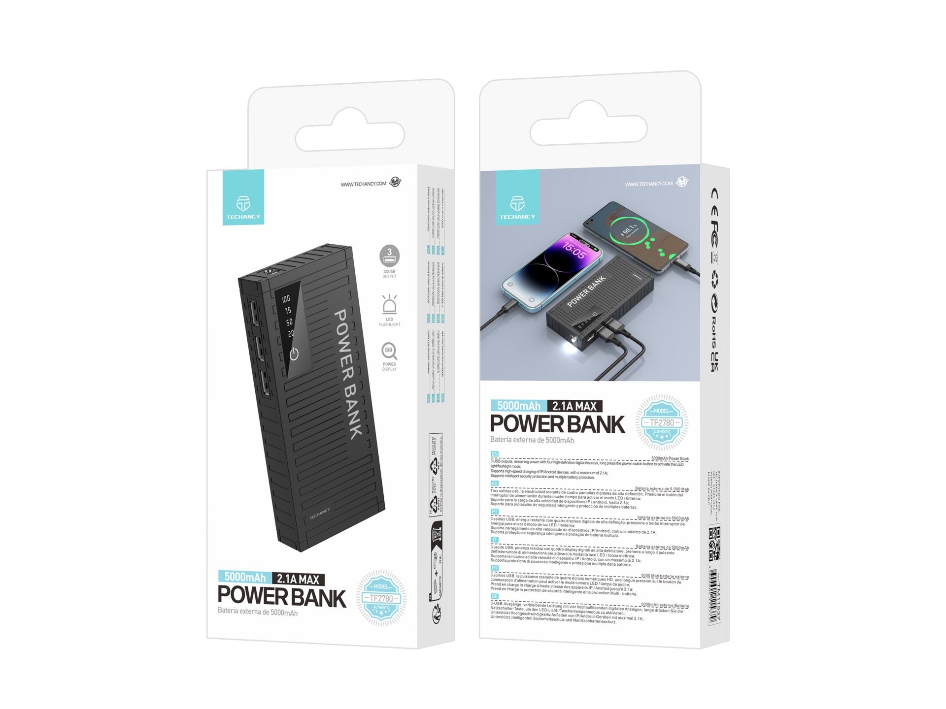 Techancy 5000mah Power Bank Preto TF2780,Carregamento Rápido De 2A,3 Saídas Usb Para Telemóvel/Tablet.