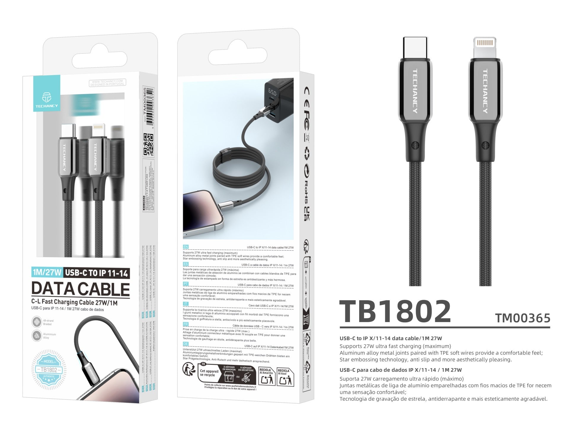 Cable USB-C a Lightning Techancy TB1802, 27 W, 1 m, negro, conector de aluminio, diseño antideslizante, compatible con iPhone 11-14