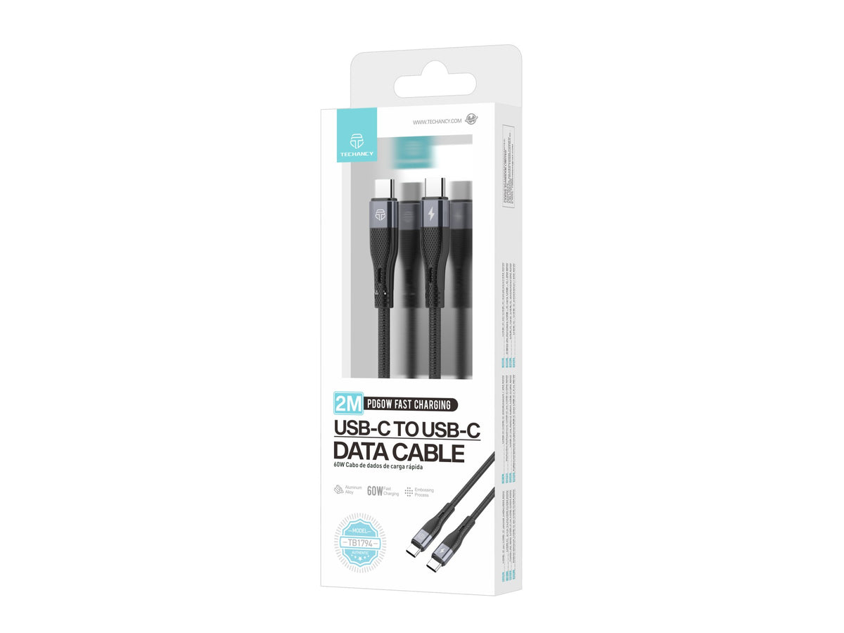 Cabo USB-C para USB-C Techancy TB1794, 60W PD, Carregamento Rapido, Transferencia de Dados, 2m, Aluminio, TPE, Preto