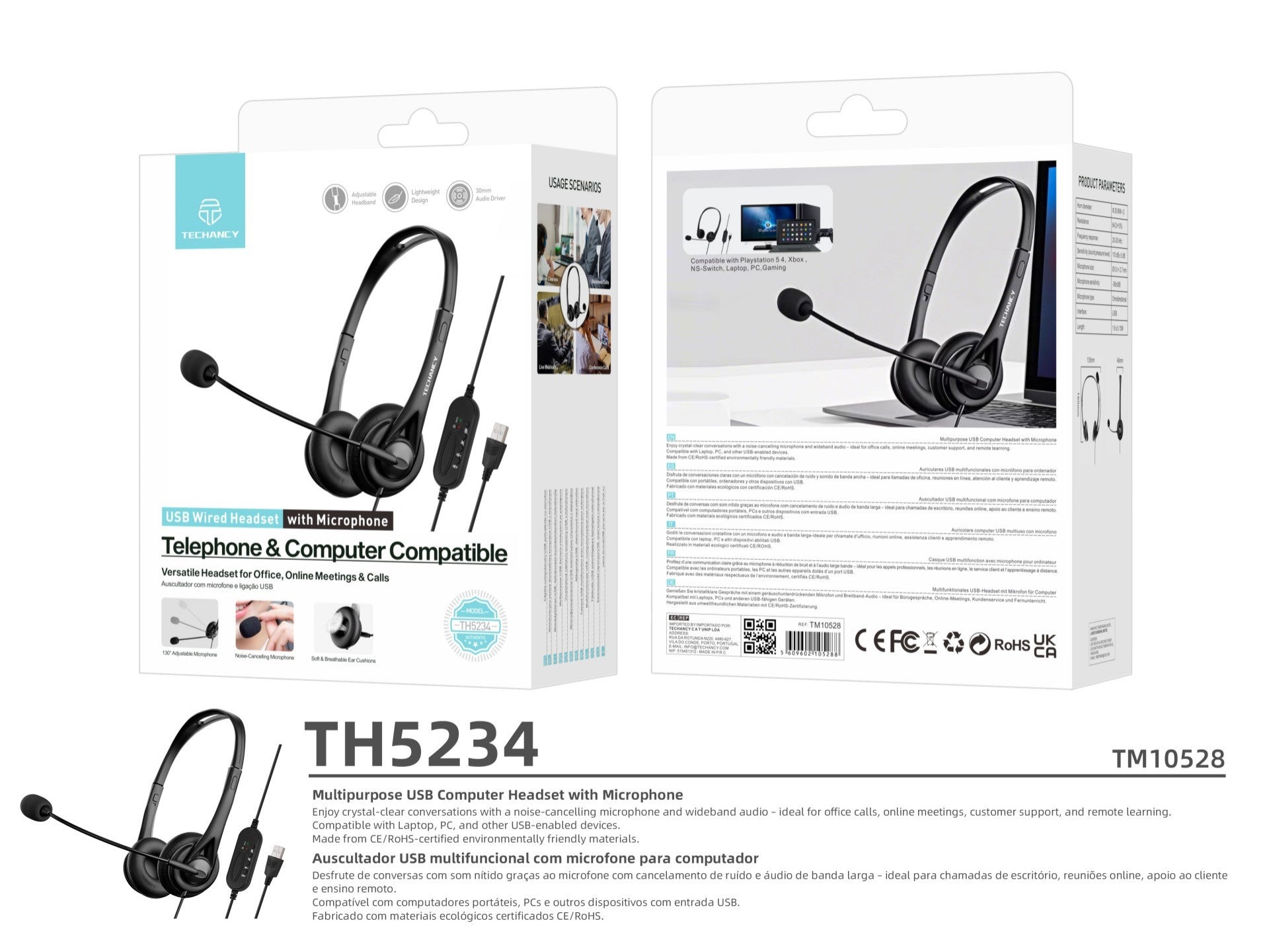 Techancy TH5234 Wired USB Headset with Noise-Cancelling Microphone for Call Center, Office, Online Meetings, Compatible with PC and Laptop