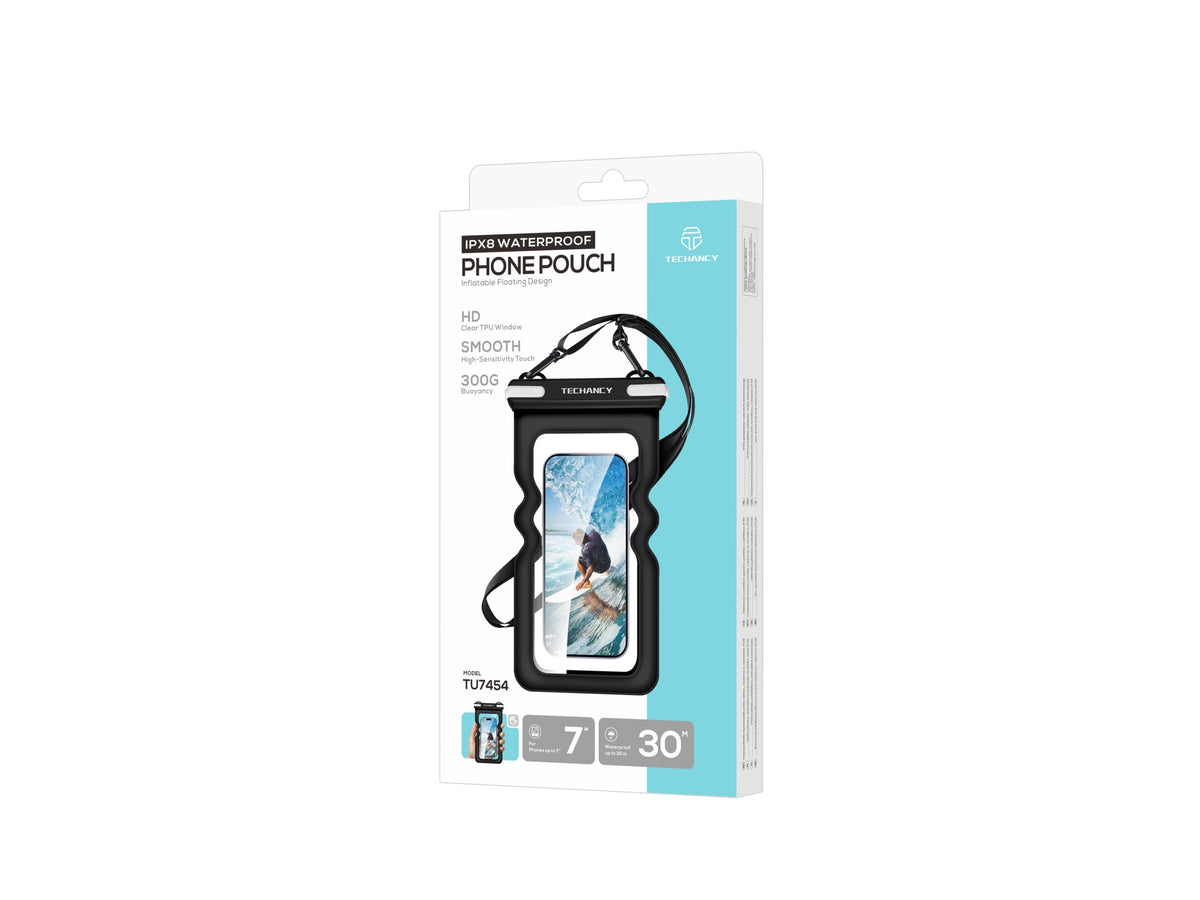 Bolsa Impermeavel Insuflavel para Telemovel Techancy TU7454, 7 Polegadas, IPX8, Ate 30m, Flutuante, Ecra Tatil, Preto