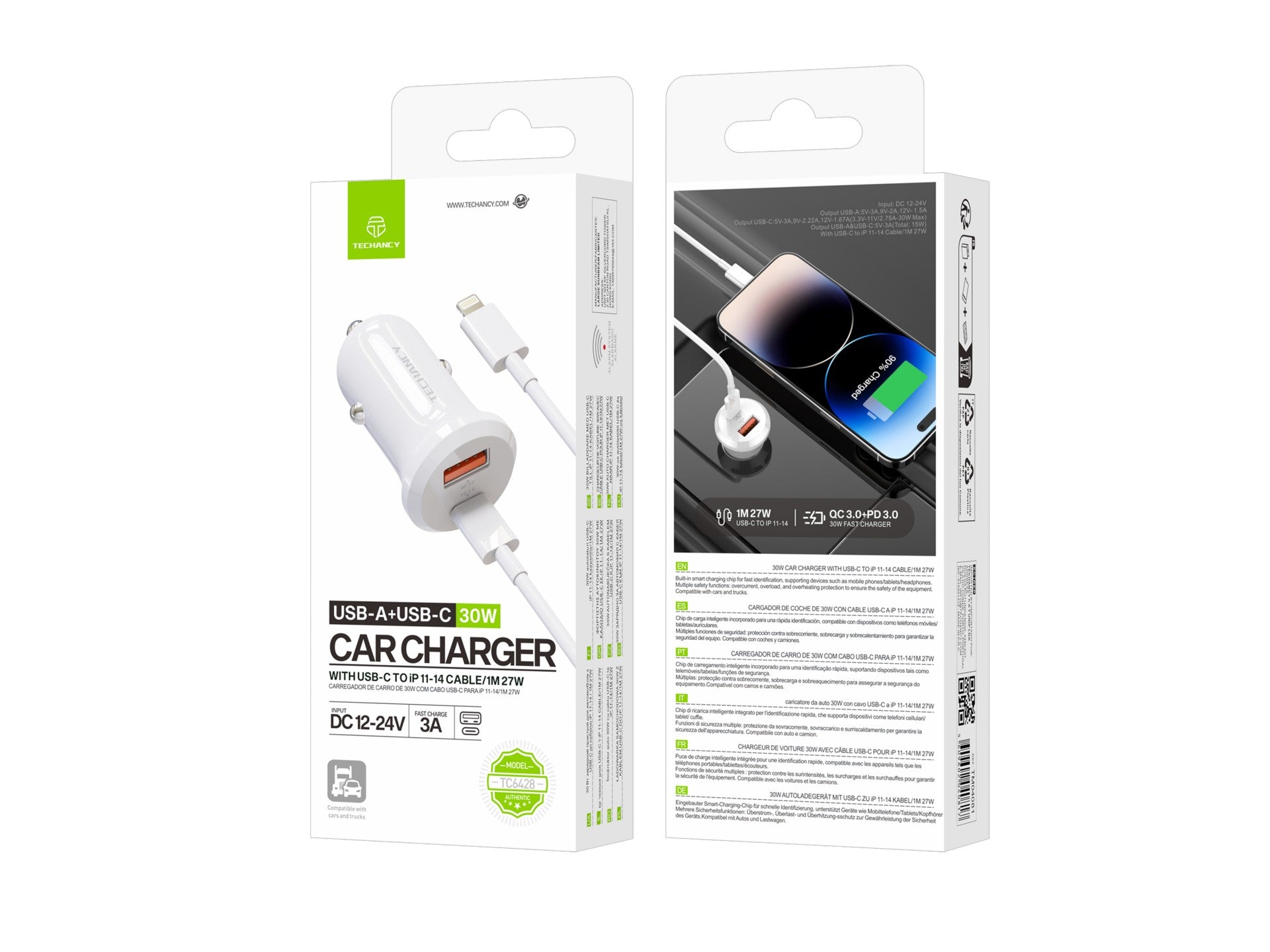 Cargador de coche Techancy TC6428 de 30 W USB-A+USB-C con cable USB-C a Lightning PD3.0 QC3.0 de 1 m (12-24 V)