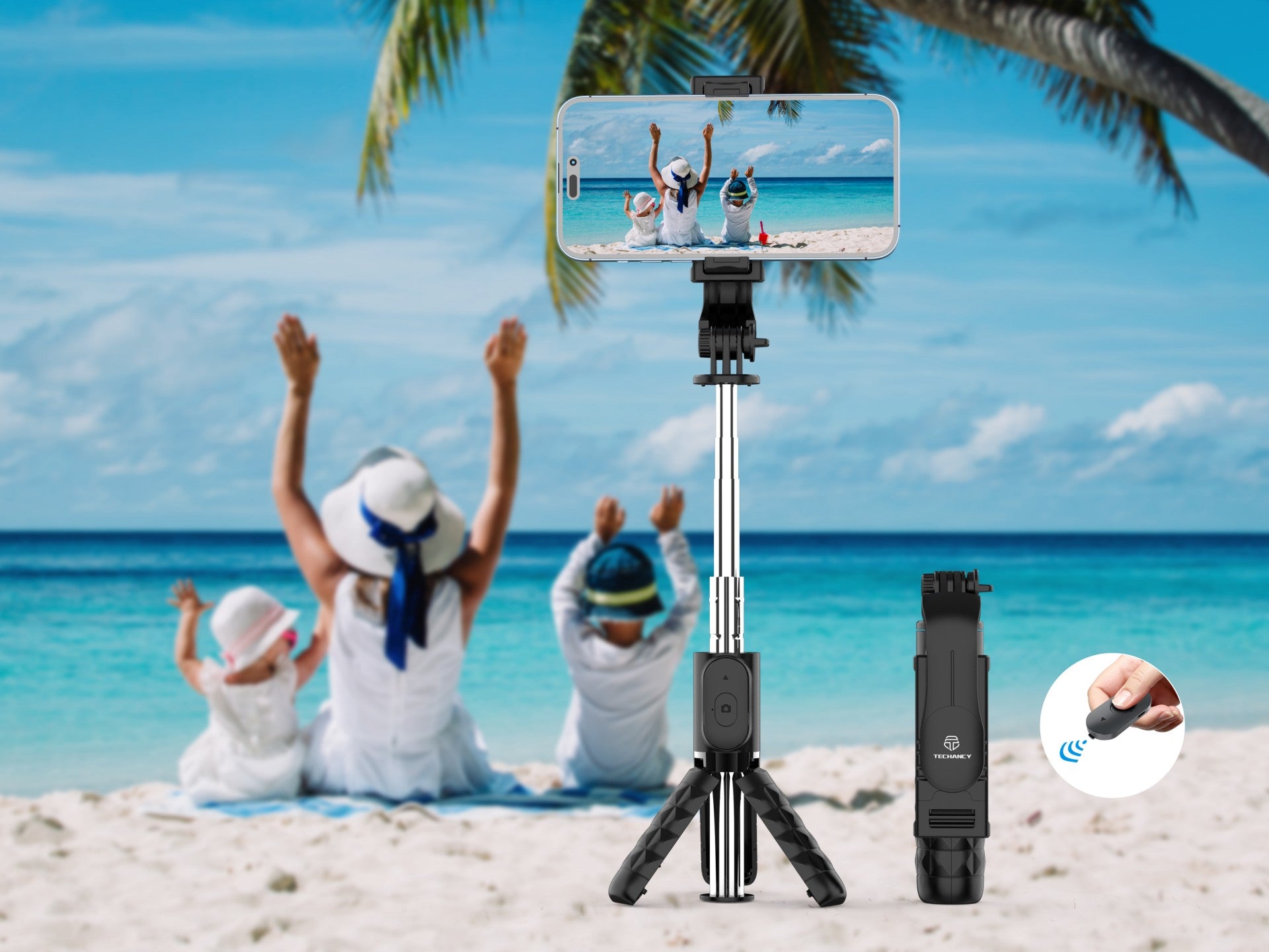 Techancy Mini selfie stick multifunções, TR6416, com controlo sem fios, suporte triangular, fácil de transportar.