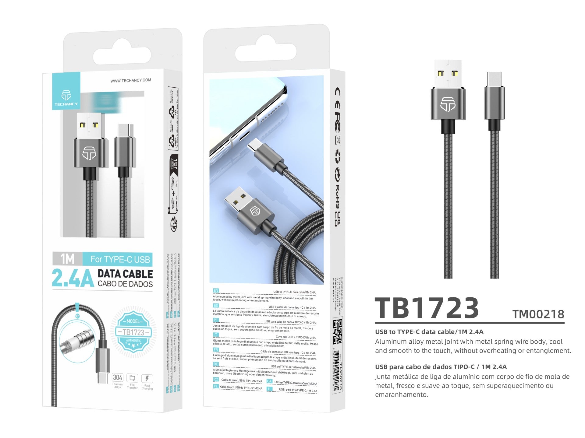 Techancy Cabo De Dados De Alumínio 1m TB1662, Design Totalmente Metálico, Usb-Tipo C, Carregamento De 2,4a.