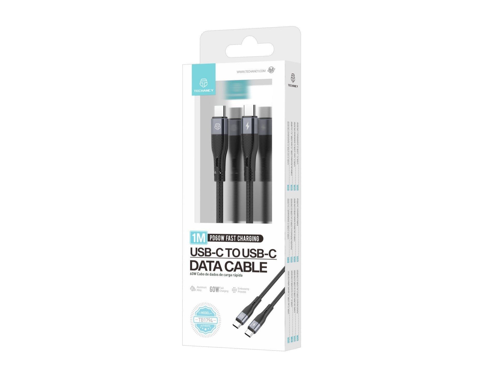 Techancy Cabo de carregamento rápido PD USB C para USB C Preto TB1779, carregamento rápido de 60 W, comprimento 1 m