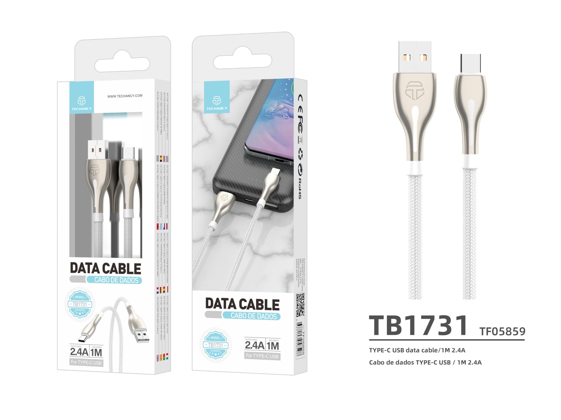 Cabo de dados metálico USB tipo C Techancy, TB1765, 1 m, 2,4 A, cinzento